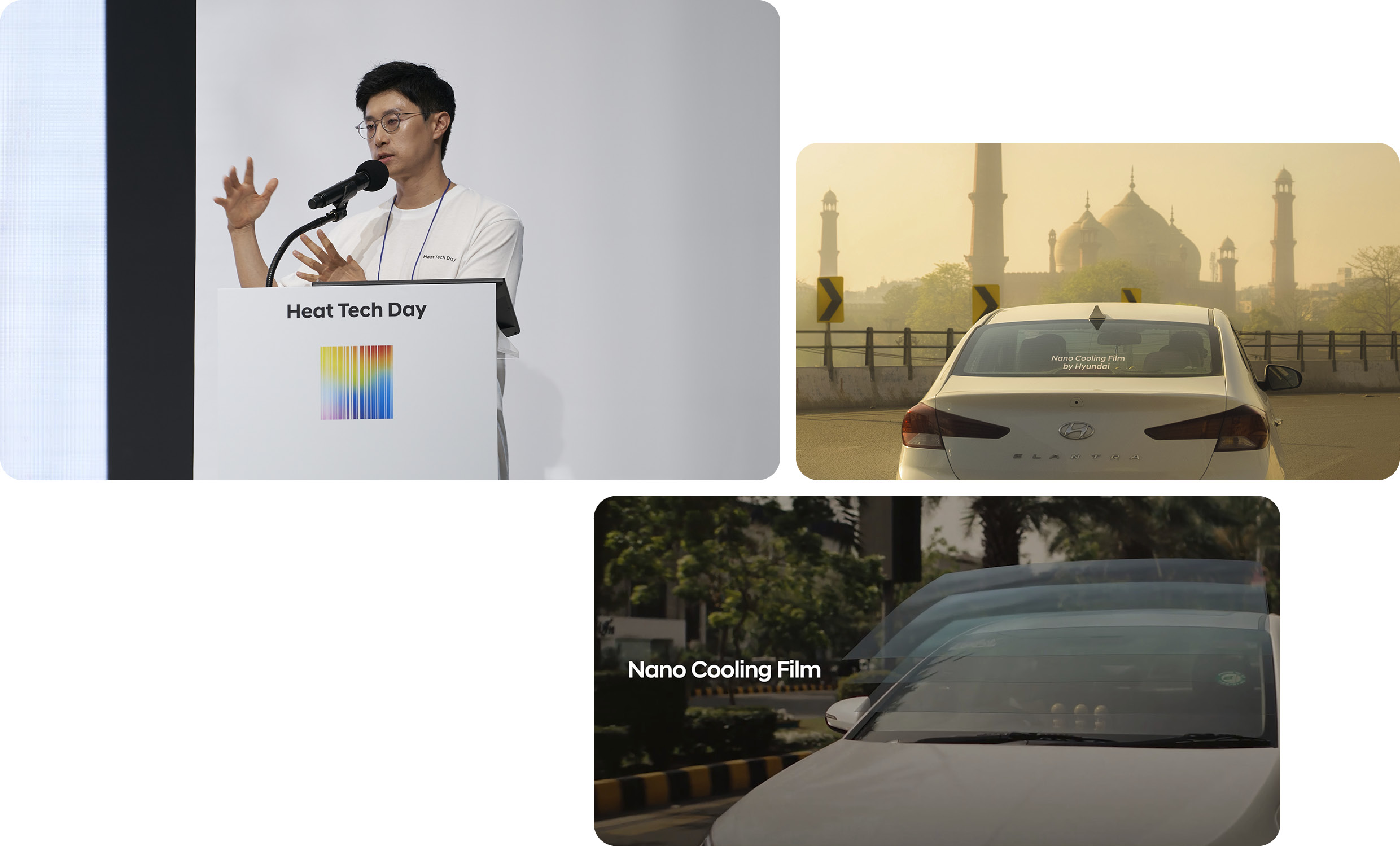 발표를 진행하는 남자와 모래바람 가득한 길을 달리는 차량의 모습