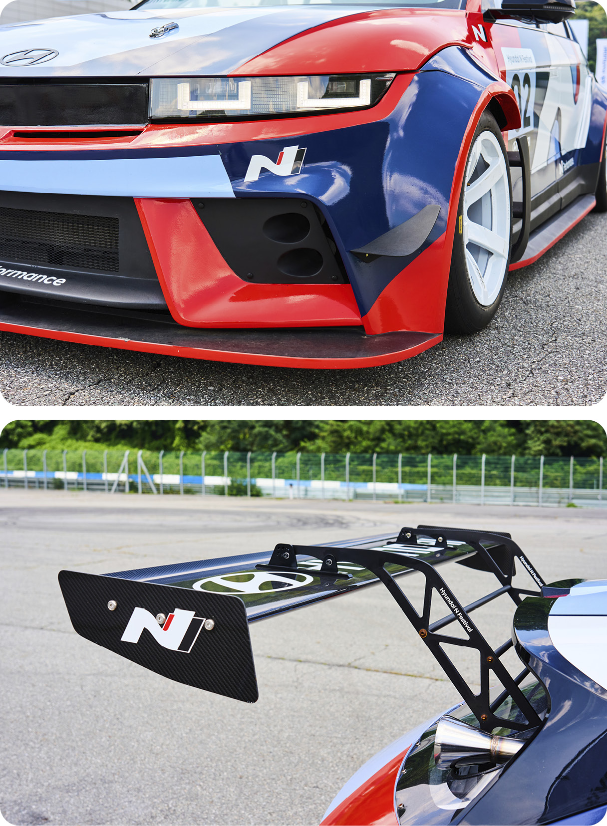 the headlamp and rear wing of the race car