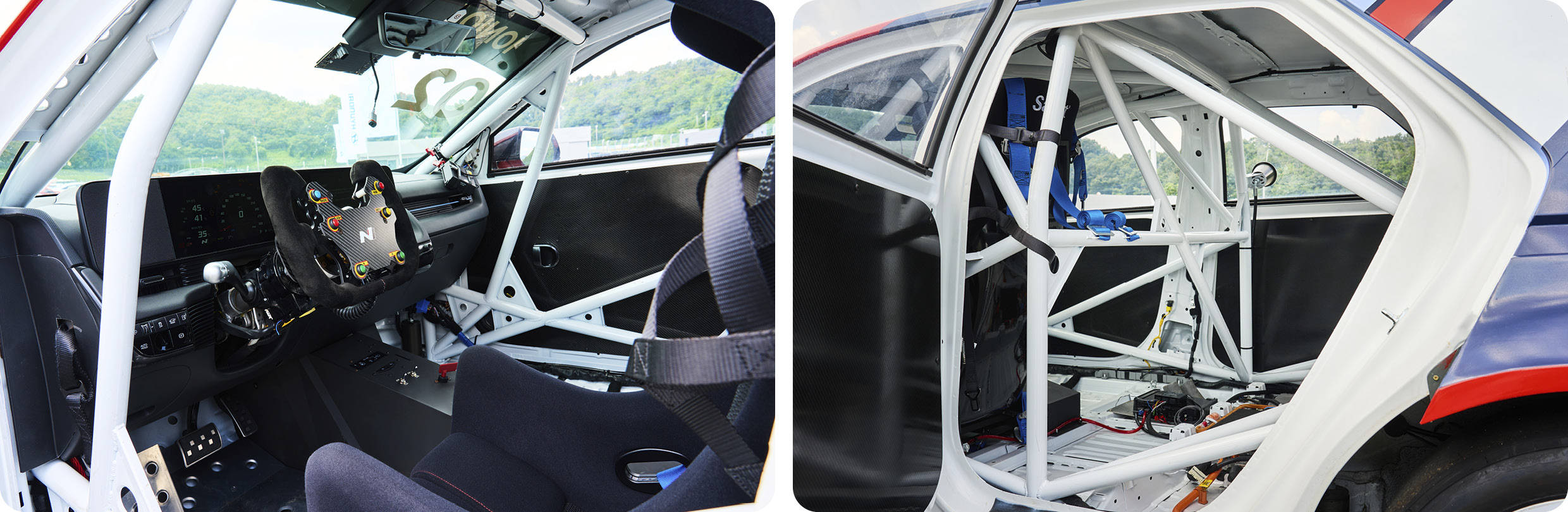 A view of the interior of the vehicle tuned to a racecar
