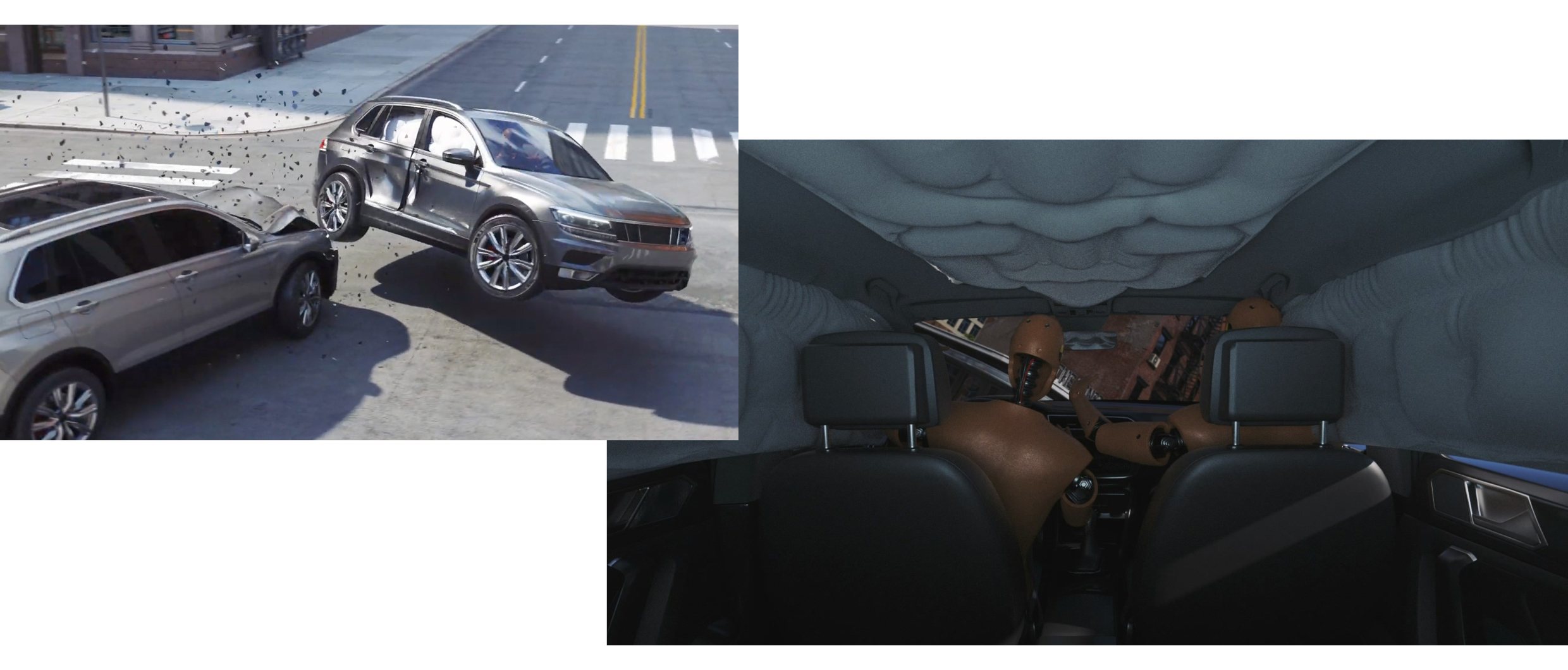 Lateral crash reproduction and roof airbag 3D images deployed during rollover