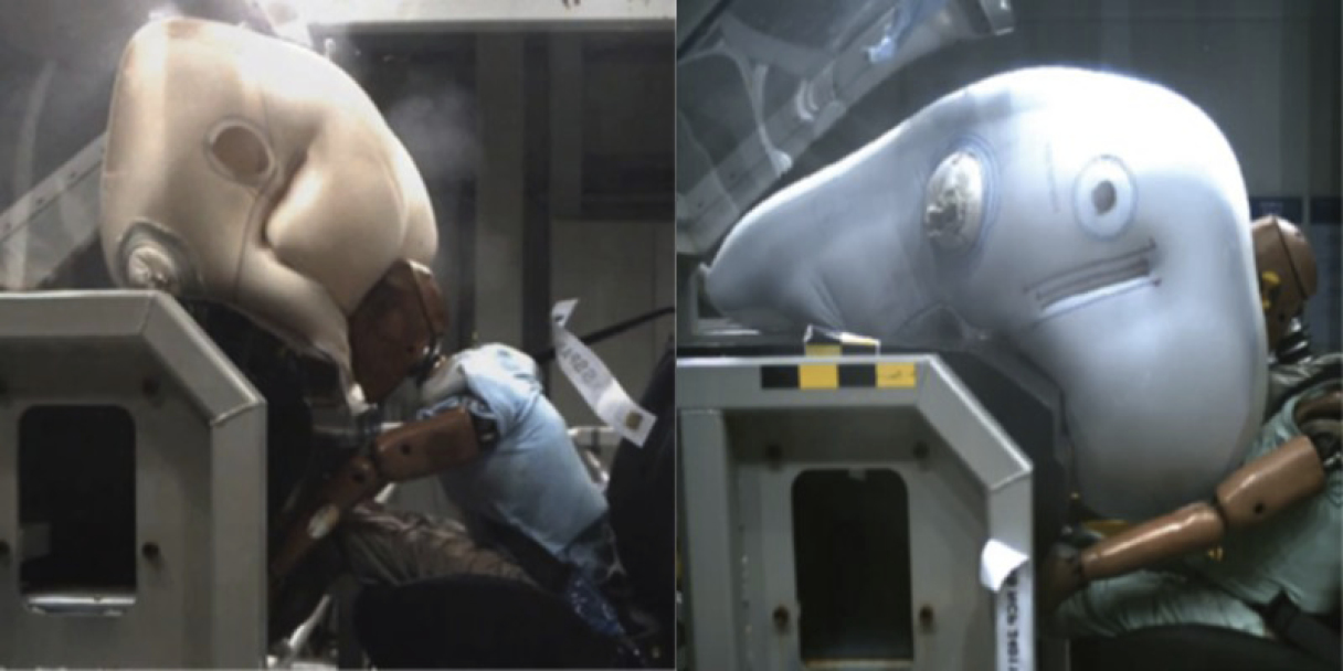 기존 에어백과 자립형 에어백 전개 장면 비교