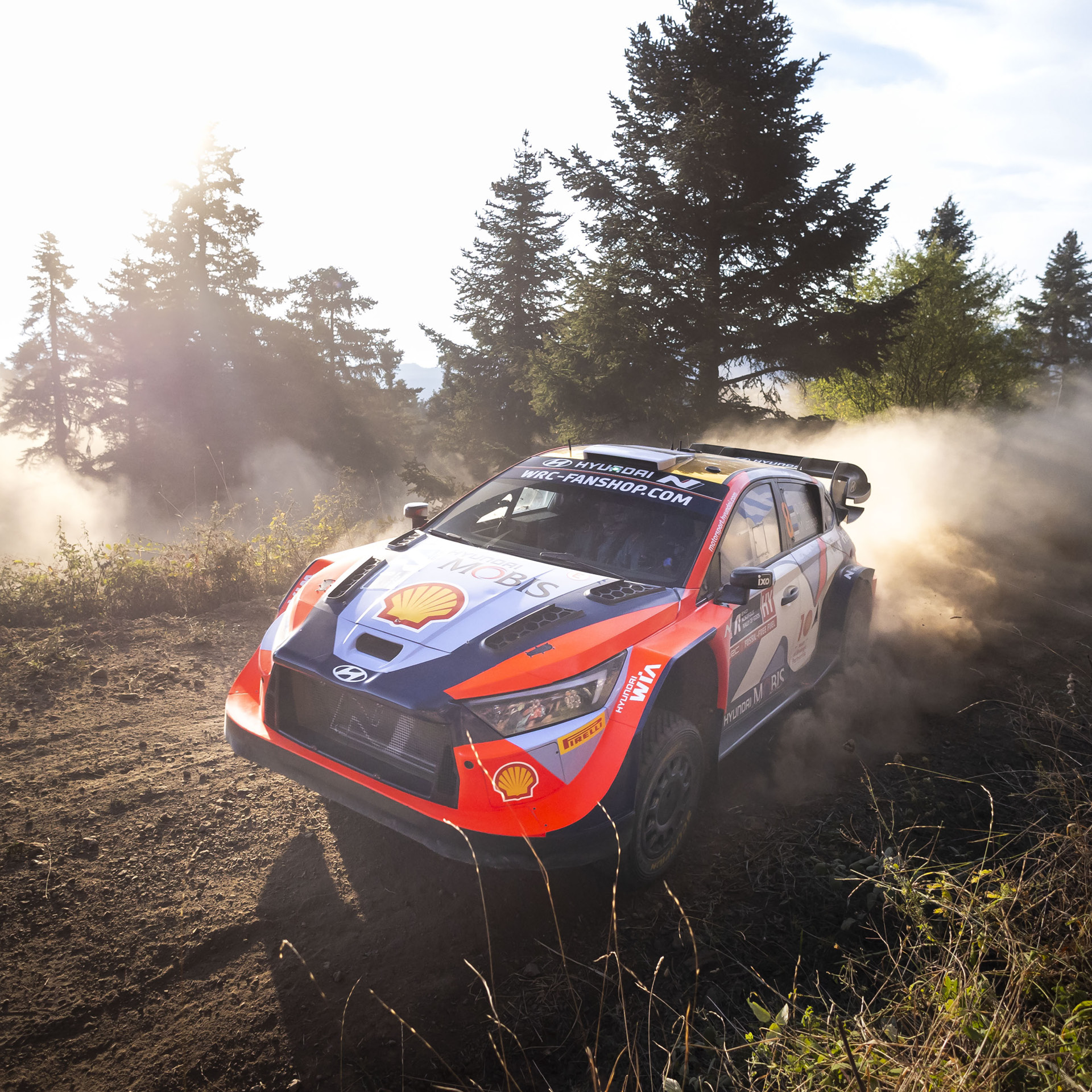 WRC 랠리 1 머신이 도로를 질주하는 모습