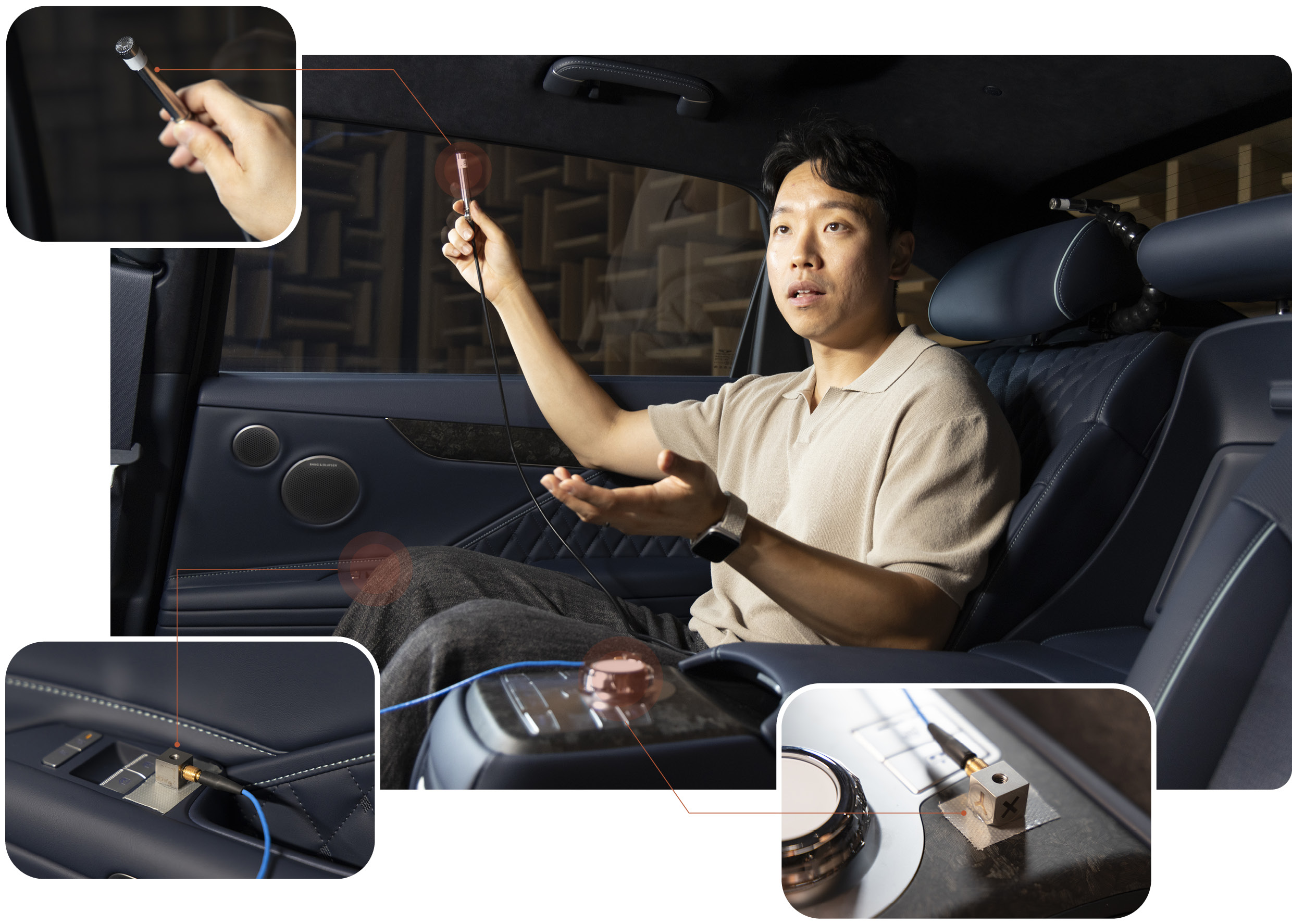 제네시스 G80 전동화 부분변경 모델의 NVH 성능 개발을 담당한 연구원이 설명하는 모습