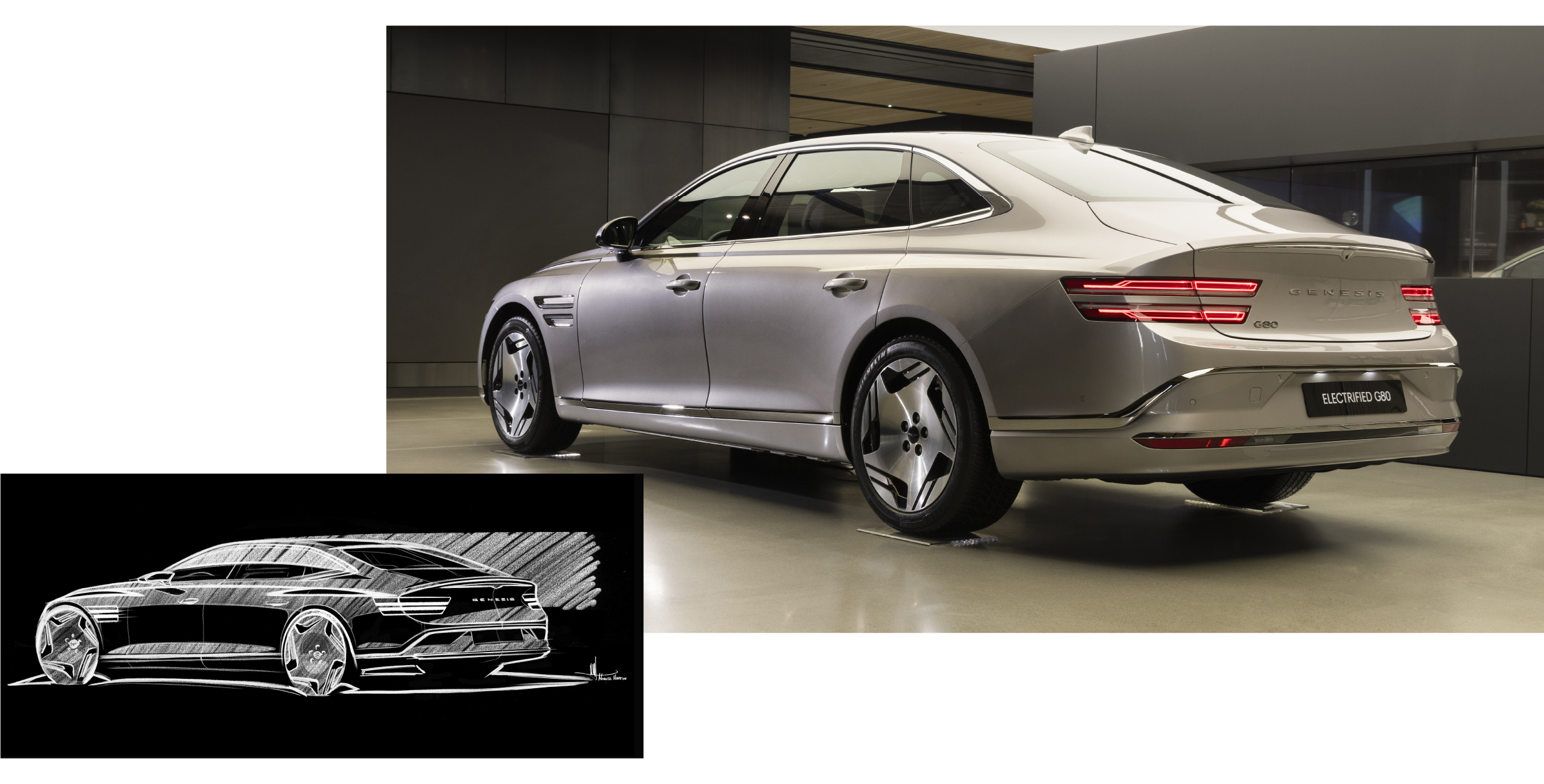 Side-rear view of the new Electrified G80 and its sketch