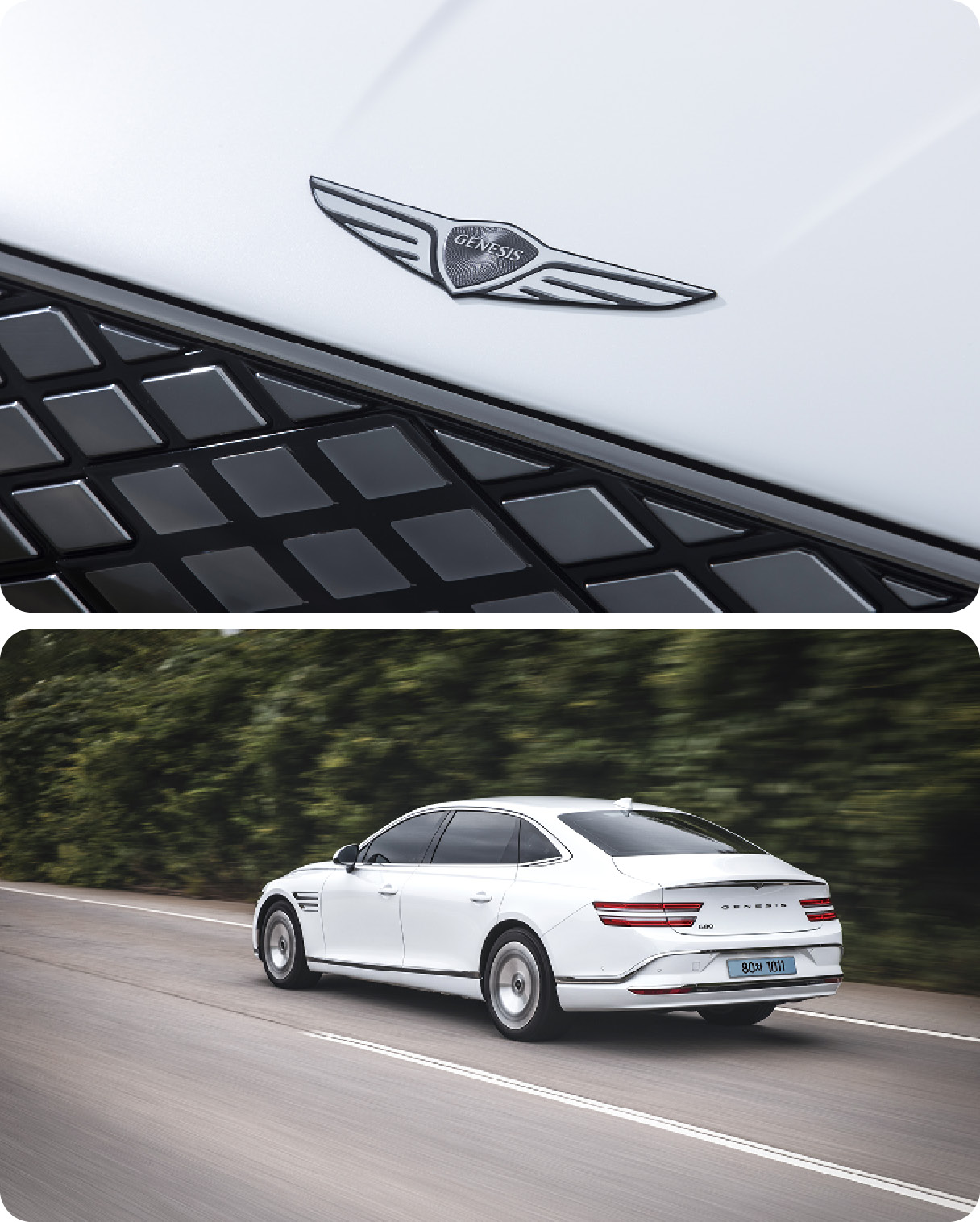 제네시스 엠블럼 클로즈업 및 G80 전동화 모델 후측면 주행 모습