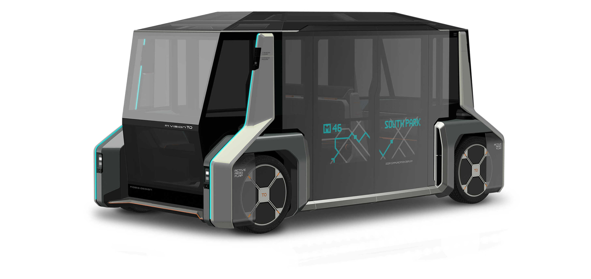 흰색 배경에 정차한 현대모비스  엠비전 TO