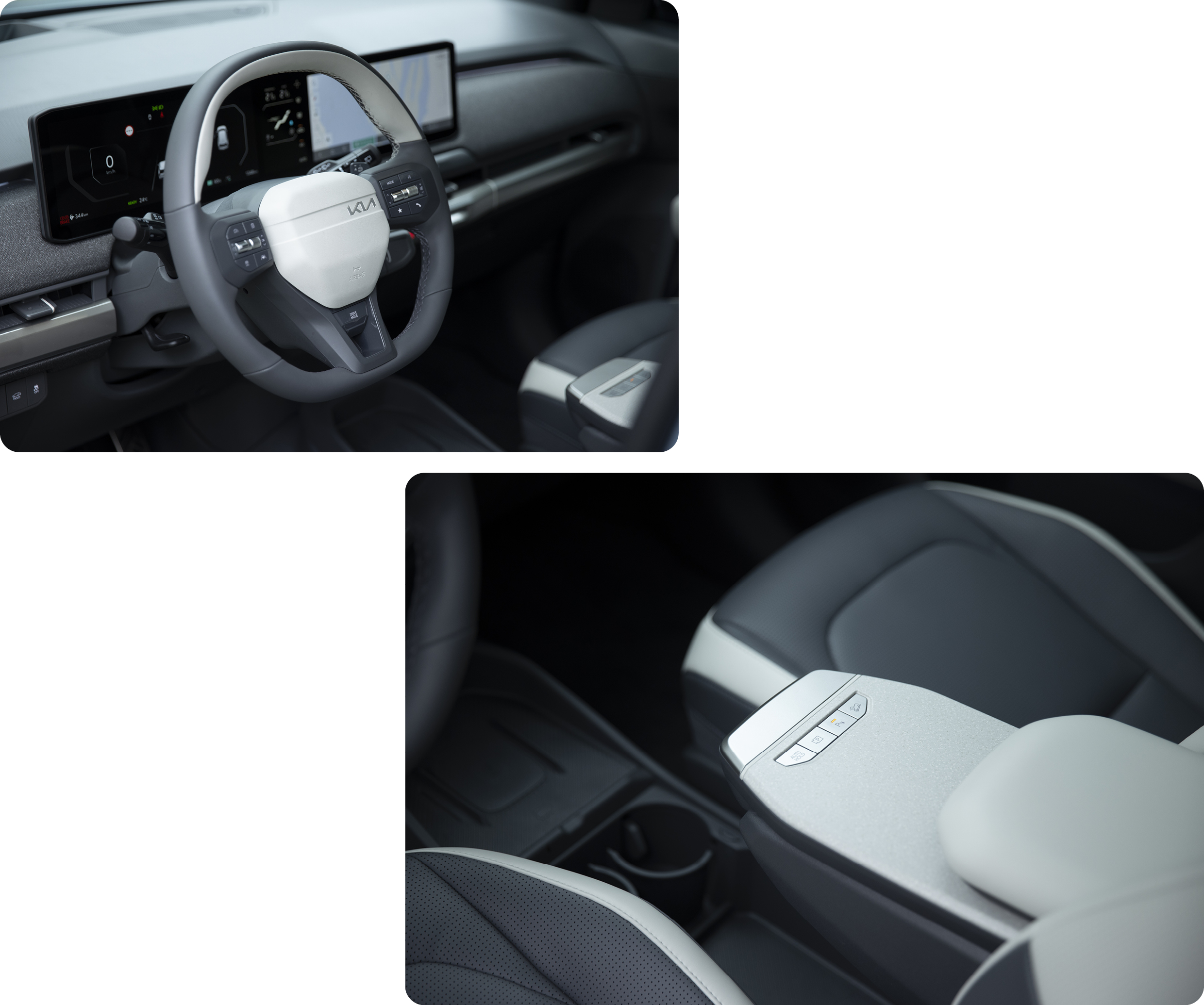 기아 EV3의 운전대와 슬라이딩 콘솔 테이블의 모습