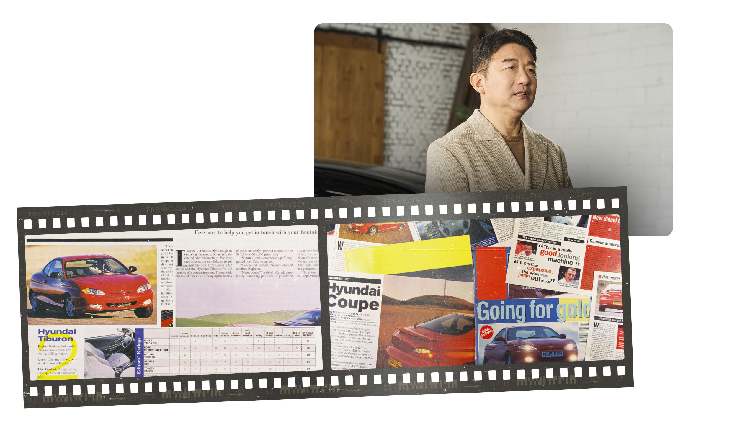 티뷰론에 대해 설명 중인 현대차 직원과 티뷰론을 소개한 해외 매체들의 책이 있는 모습