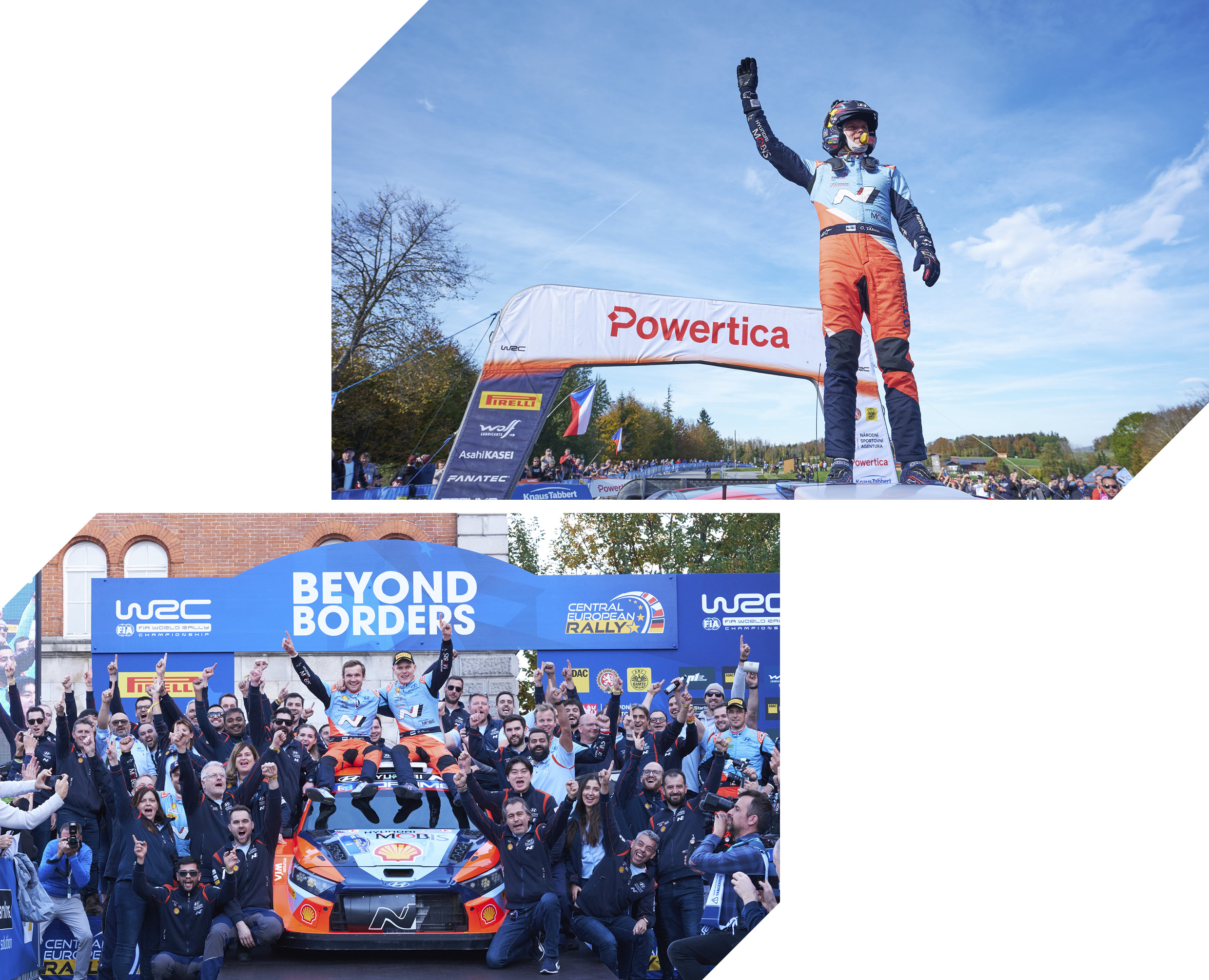 현대 월드랠리팀 오트 타낙이 중앙유럽 랠리에서 우승 후 기뻐하는 모습