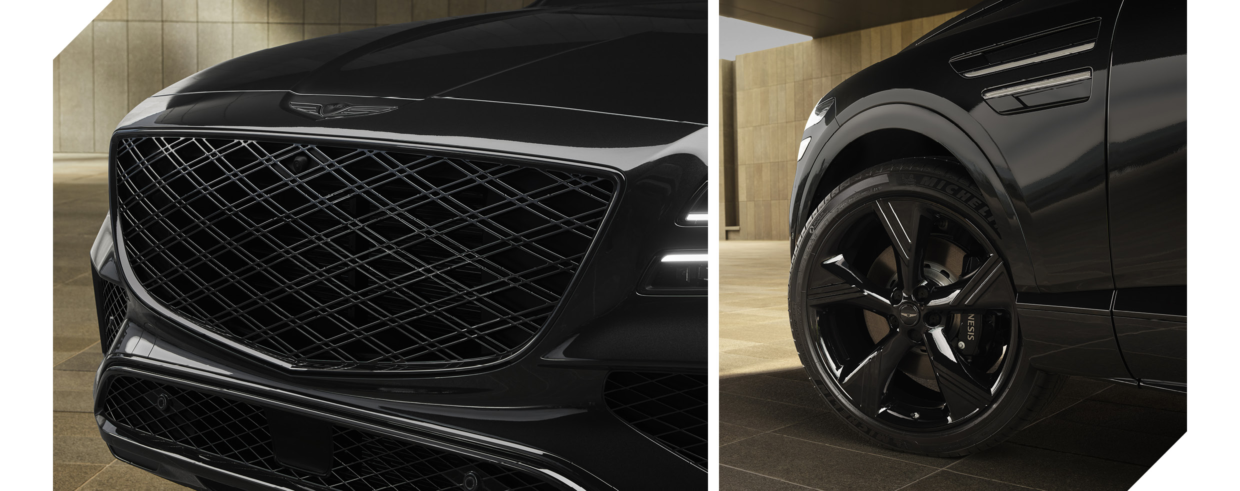 GV80 블랙의 라디에이터 그릴과 휠 디자인