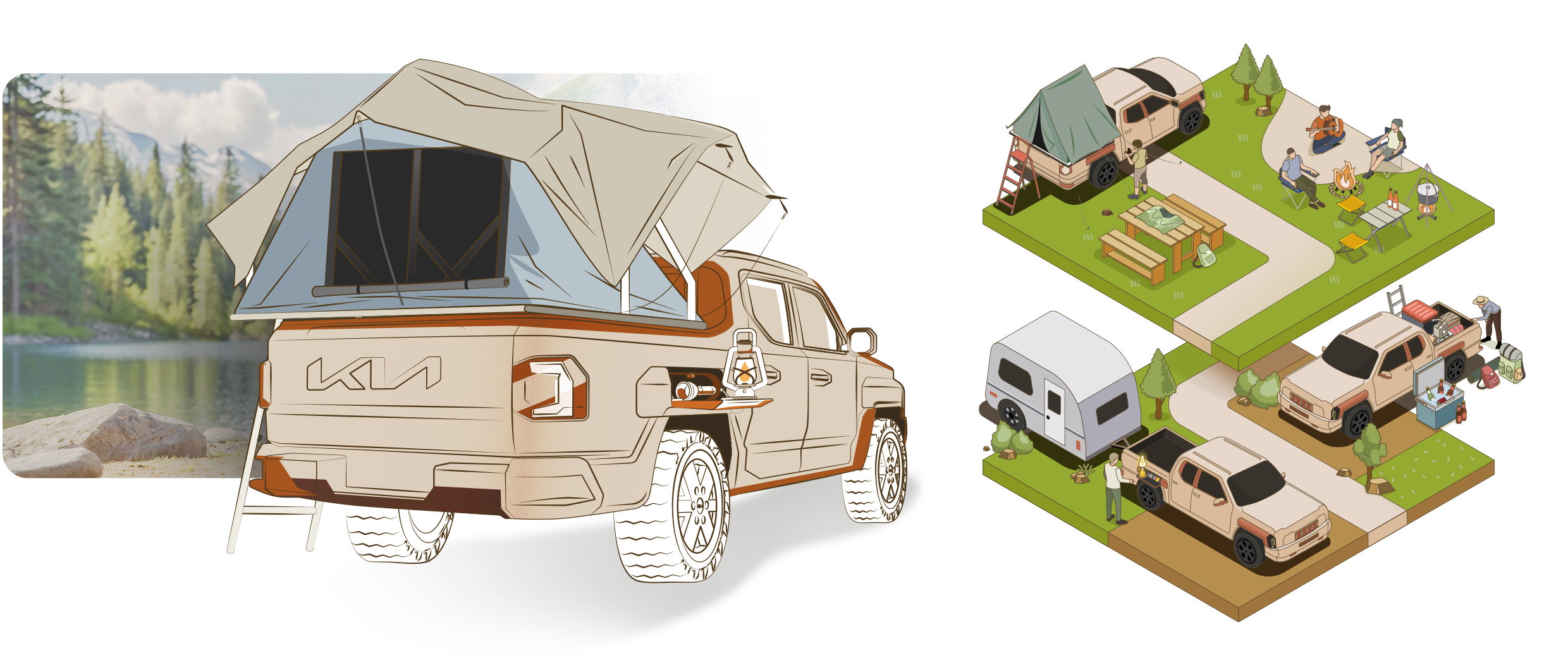 픽업 트럭을 활용해 캠핑하는 모습