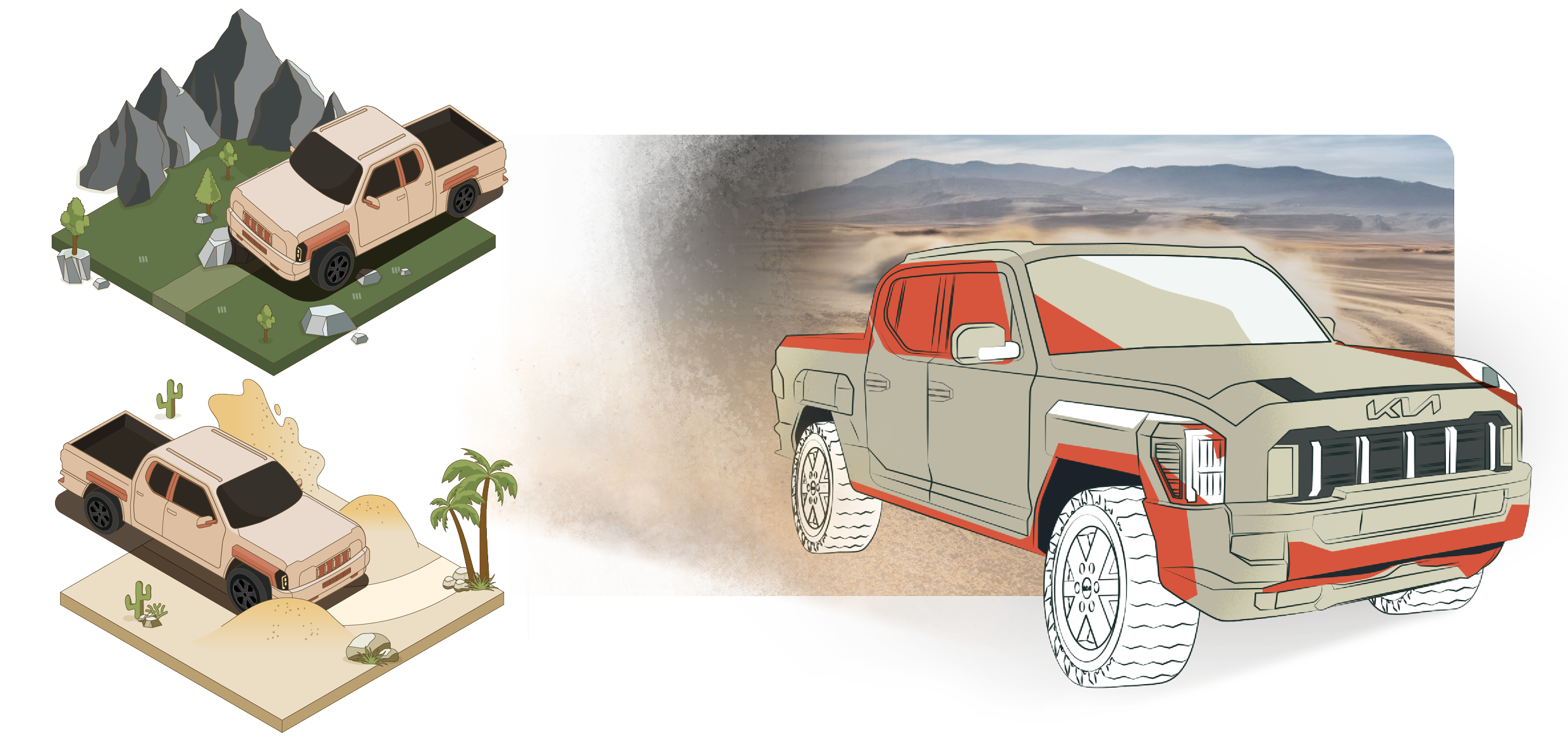 픽업 트럭을 활용해 오프로드를 주행하는 모습