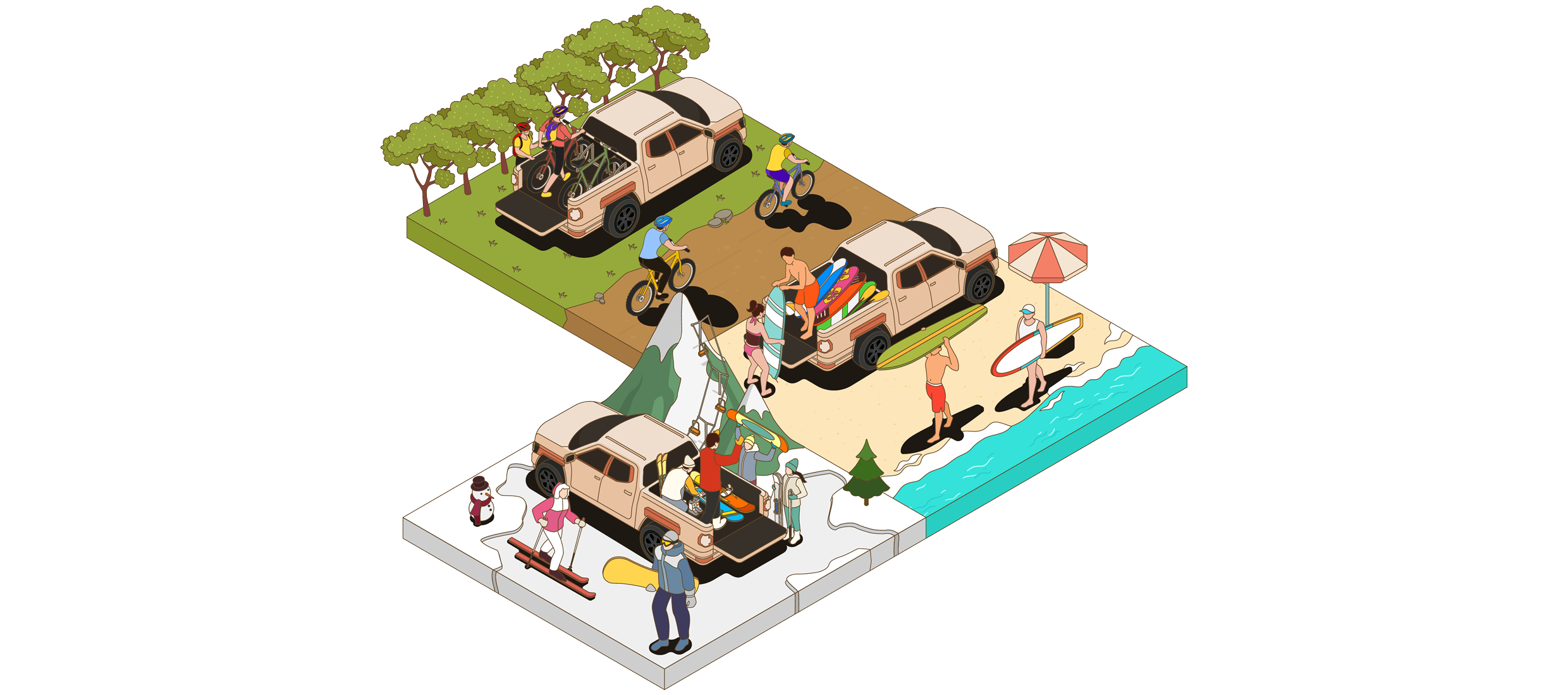 픽업 트럭을 활용해 다양한 레저활동을 즐기는 모습