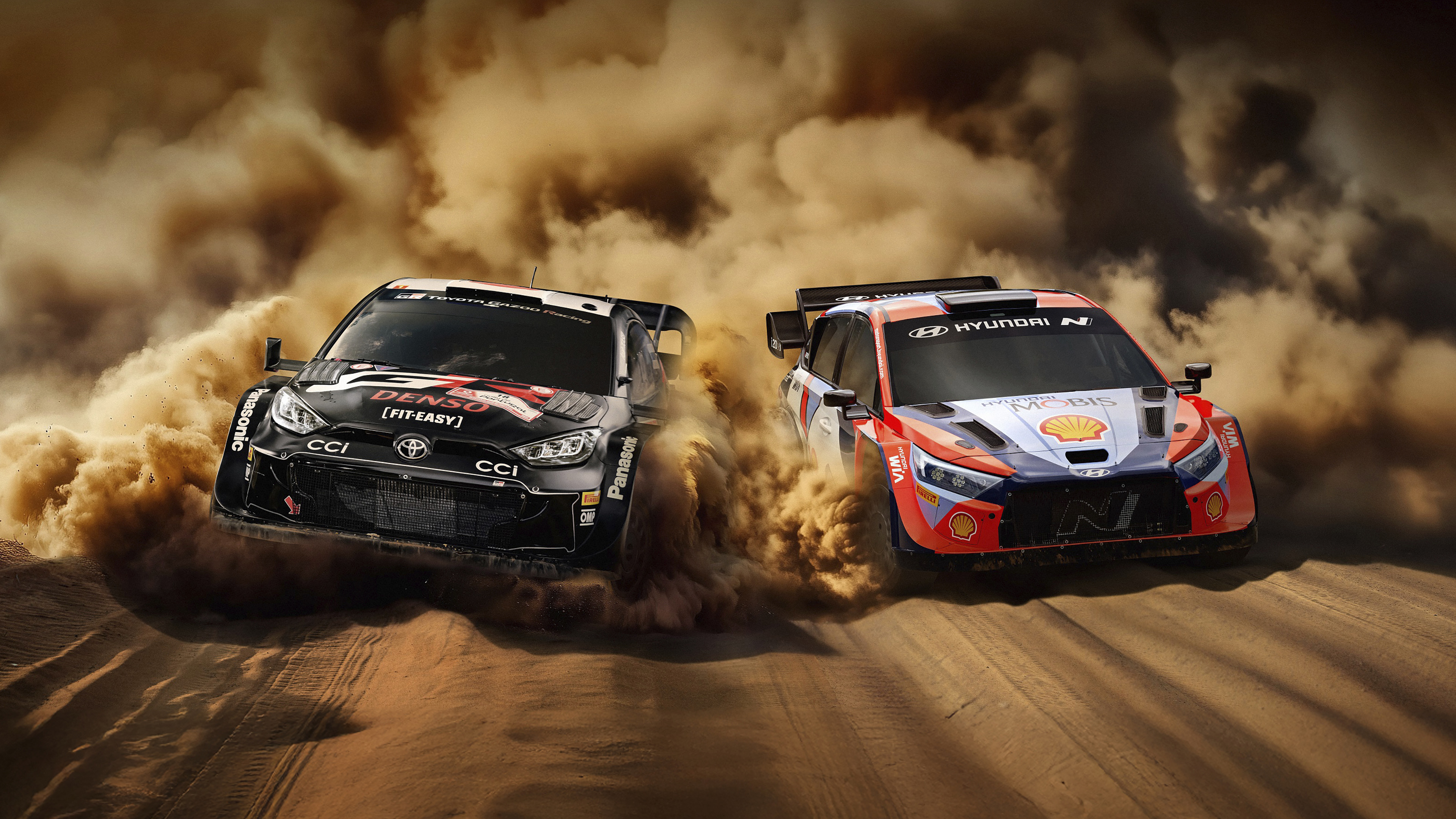 The scene where Hyundai and Toyota rally cars are running together