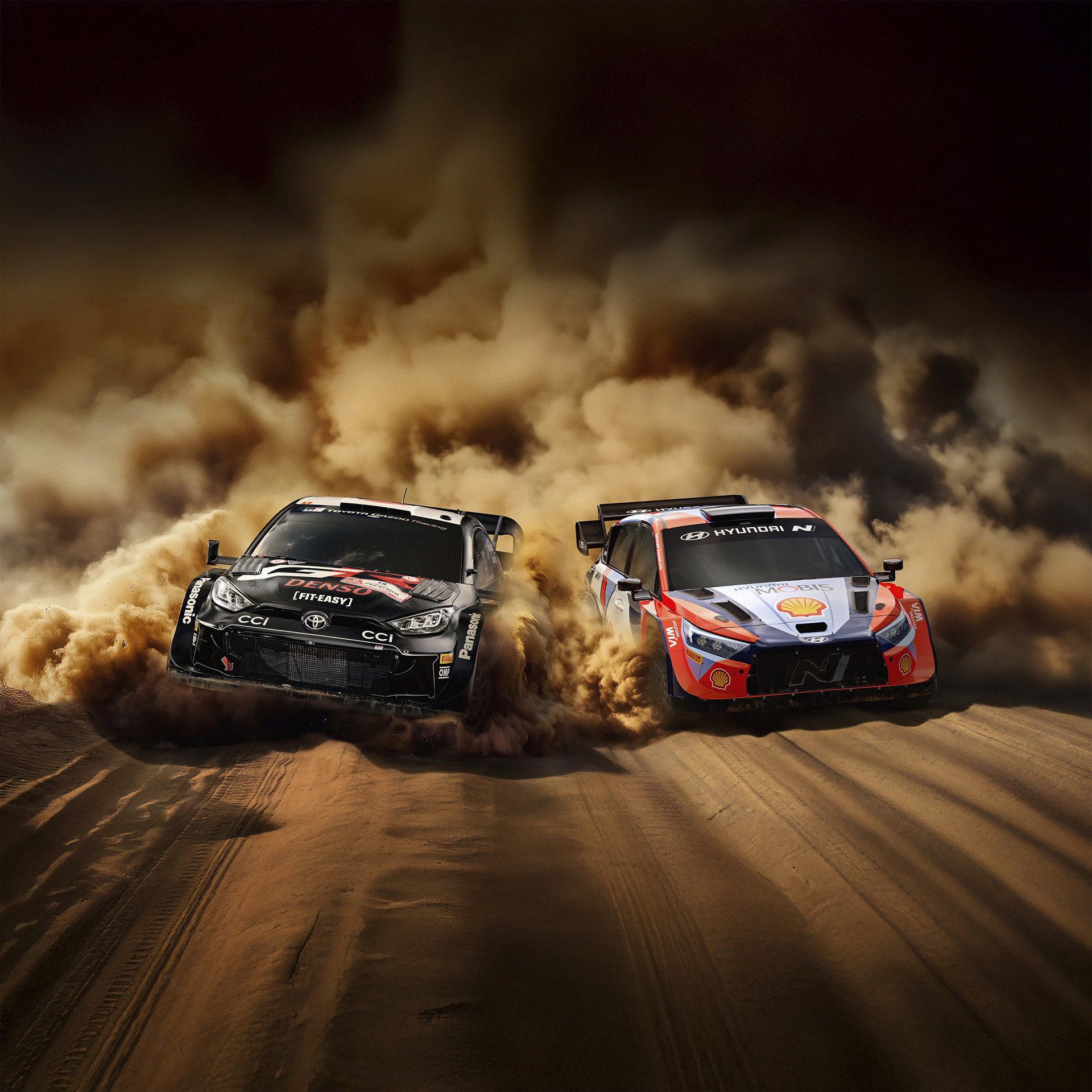 The scene where Hyundai and Toyota rally cars are running together