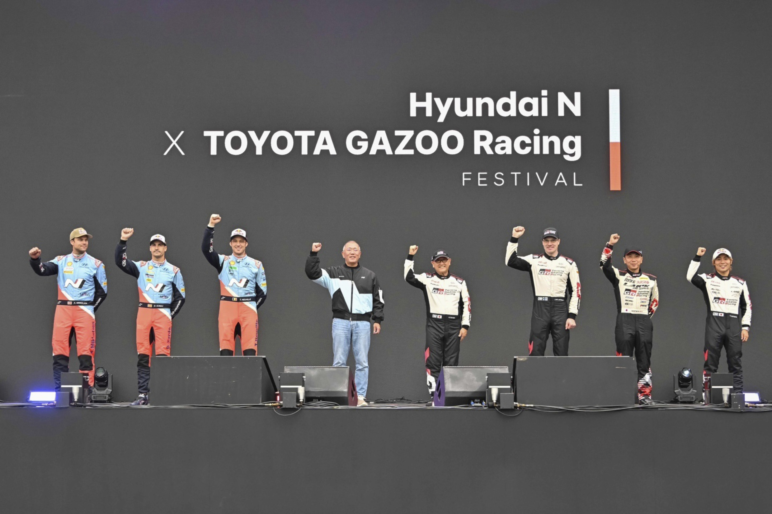 Hyundai Motorsports and Toyota Rally Team drivers are on stage side by side