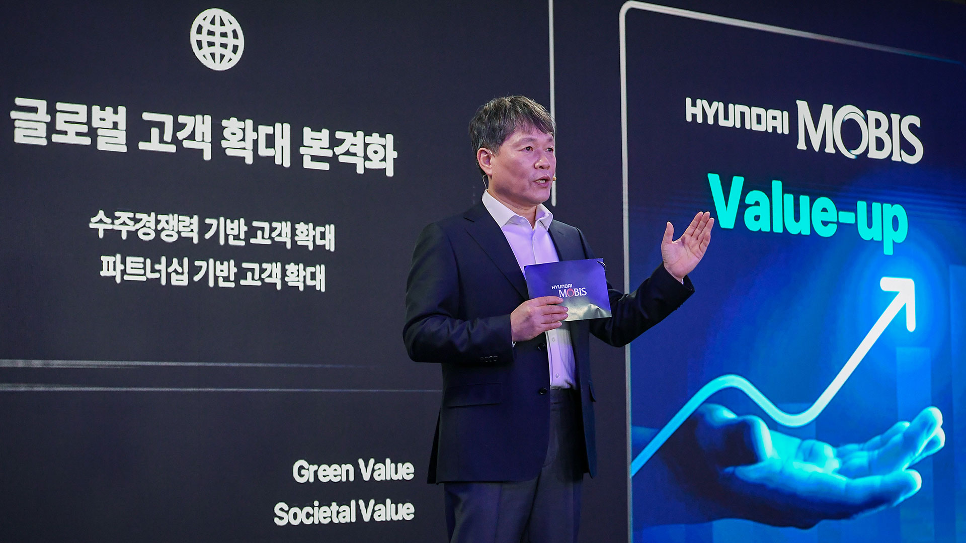 현대모비스 이규석 사장이 19일 여의도 페어몬트 호텔에서 열린 ‘2024 CEO 인베스터 데이’ 발표자로 나서 사업 방향성과 전략을 발표하고 있다.