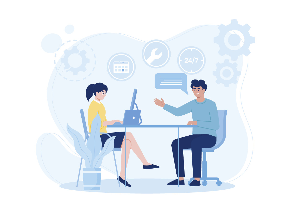 두 사람이 테이블 앞에 앉아 기술 업무 이야기를 나누는 일러스트