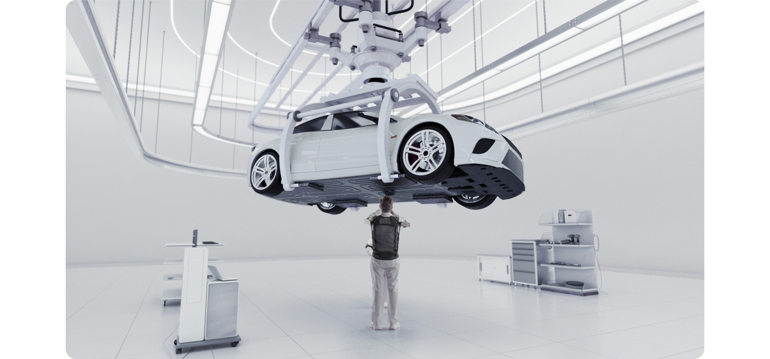 웨어러블 로봇을 장착하고 위보기 작업 중인 근로자