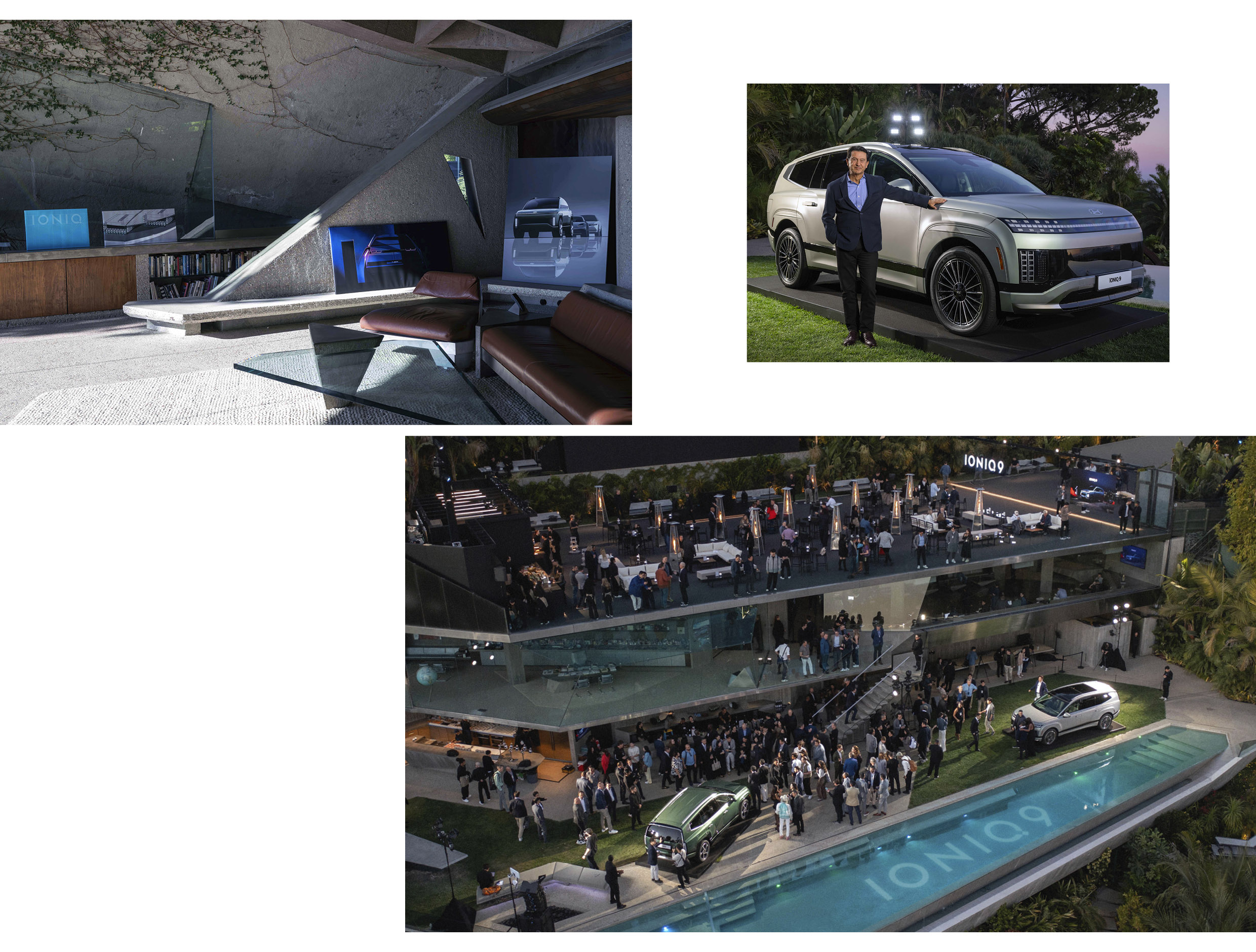 아이오닉 9 옆에서 포즈를 취한 임원과 아이오닉 9 공개 행사 안팎 모습
