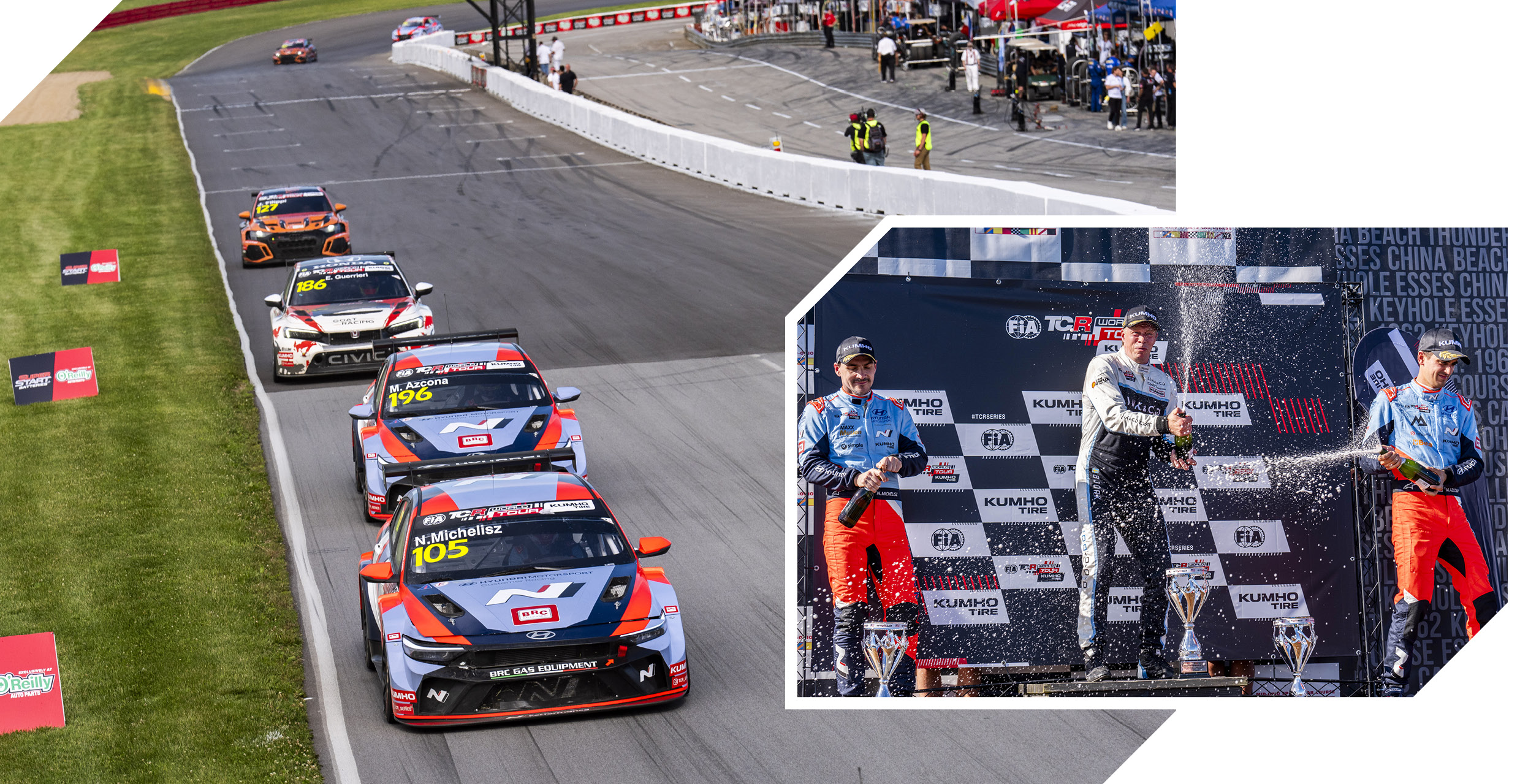 현대팀 TCR 레이스카와 선수들이 포디엄에 오른 모습