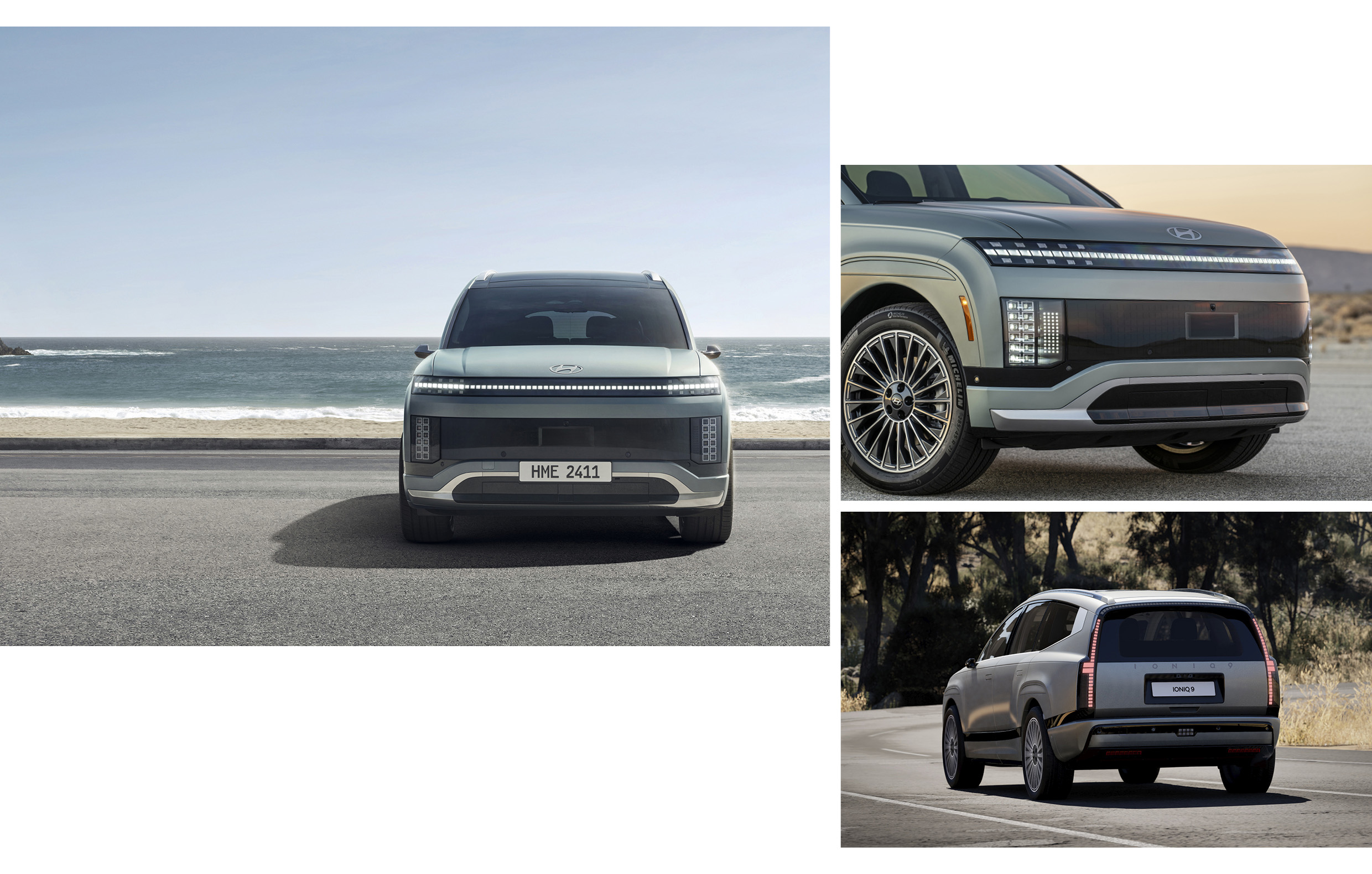 아이오닉 9의 정면, 전측면, 후측면 모습