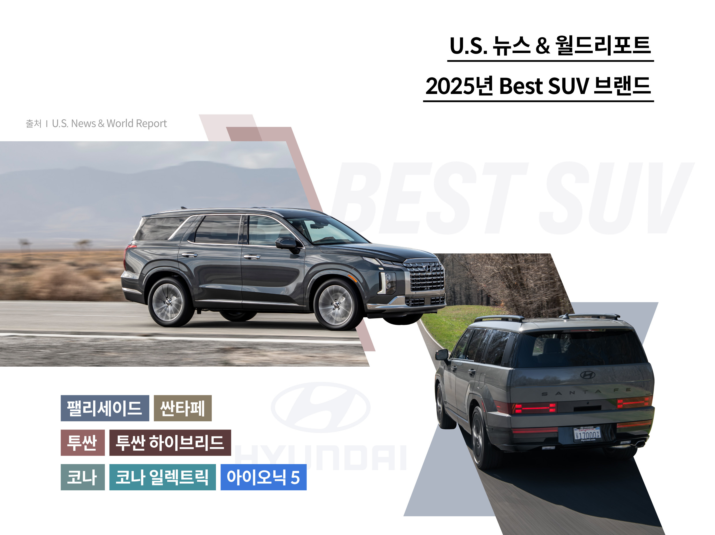 U.S. 뉴스&월드리포트 시상식에서 최고의 SUV 브랜드로 선정된 현대차를 설명하는 표