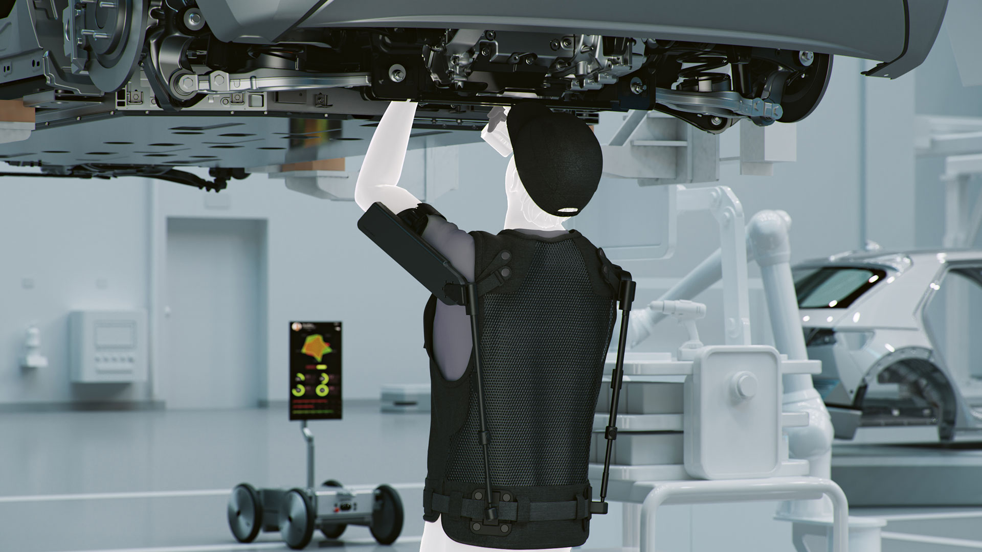 자동차 공장에서 작업자가 상완근력을 보조하는 웨어러블 로봇 '엑스블 숄더'를 착용하고 팔을 위로 올려 작업하는 콘셉트 이미지