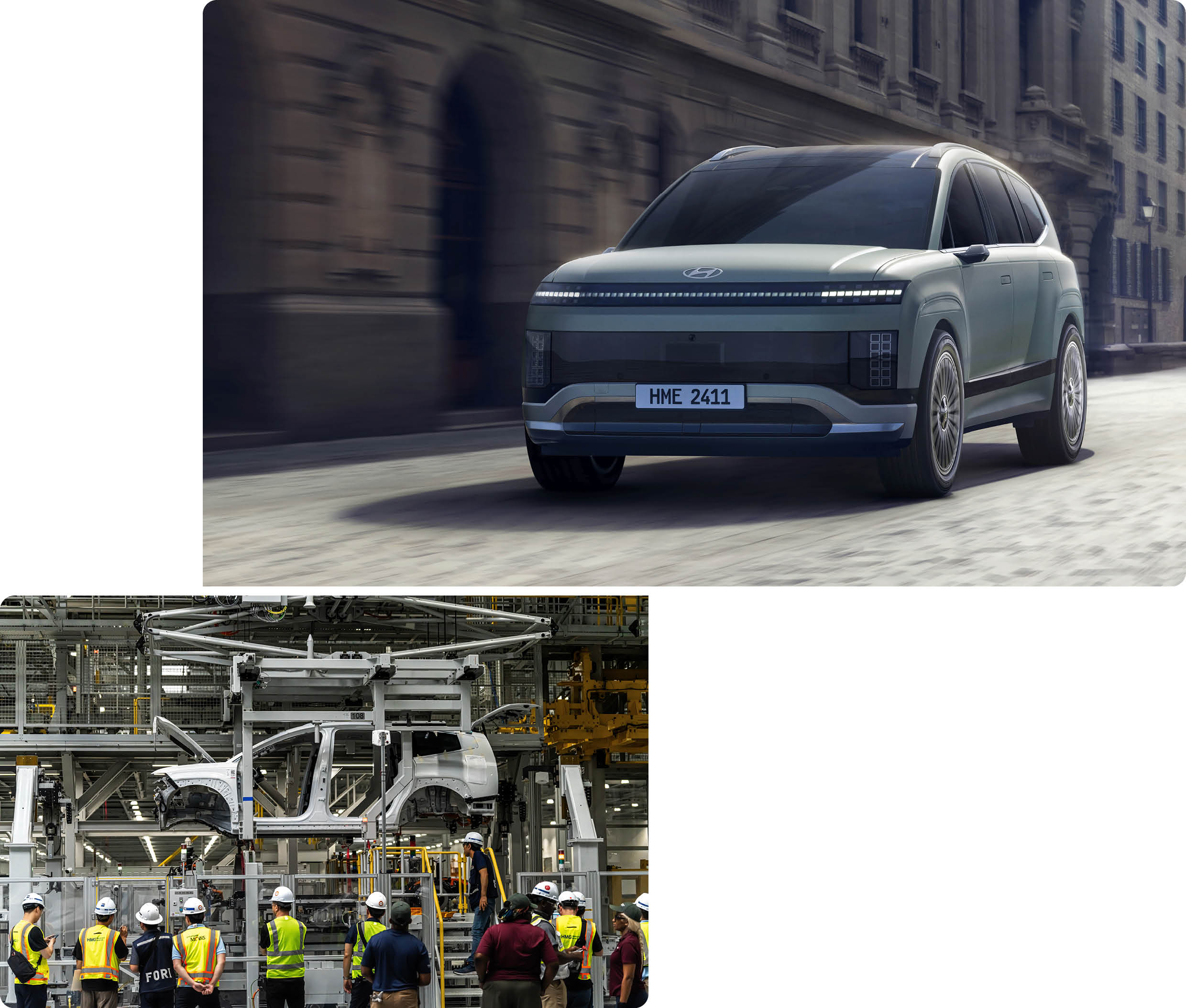Photographs of the Ioniq 9's driving and manufacturing process