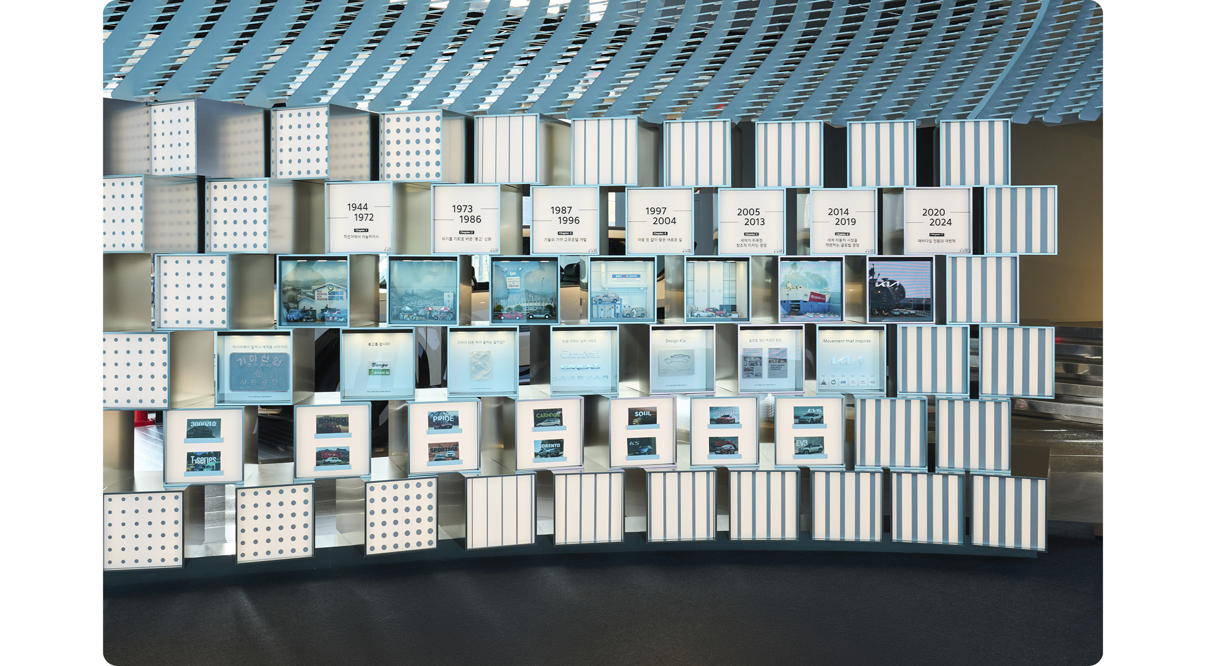 기아 헤리티지 전시 내부의 아카이브가 정리된 모습
