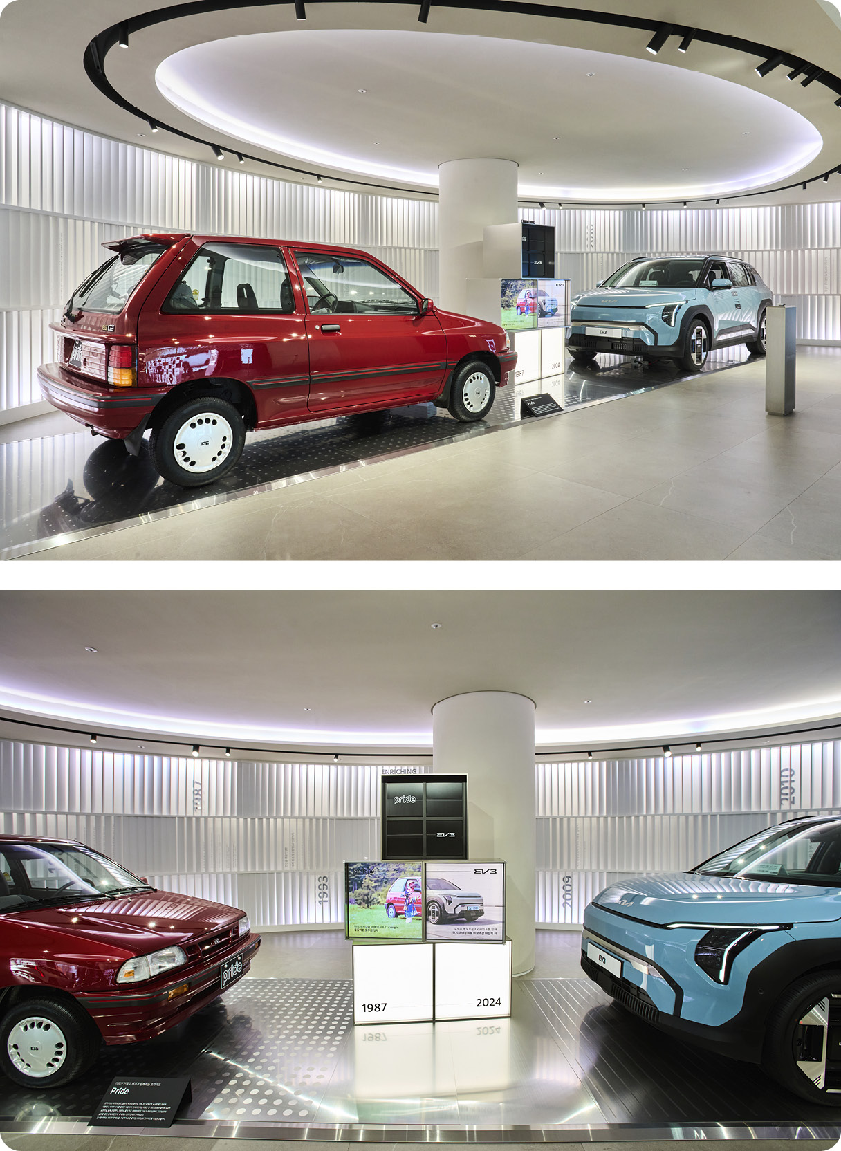 기아 헤리티지 전시에 진열된 프라이드와 EV3의 모습