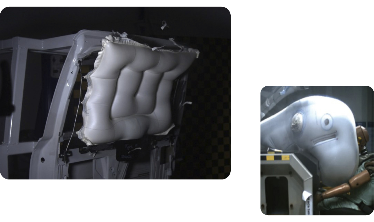 현대모비스가 개발 중인 PBV 전용 자립형 동승석 에어백 및 도어 장착형 커튼 에어백의 작동 모습