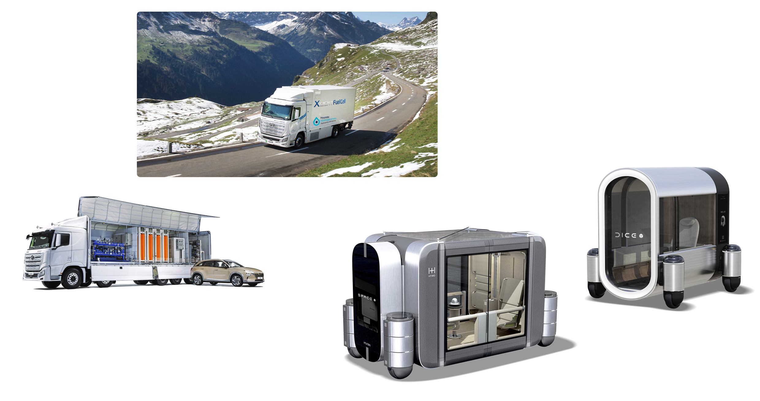 현대차그룹이 수소 사회 구현을 위해 공개한 이동형 수소연료전지 충전기와 퍼스널 모빌리티의 모습