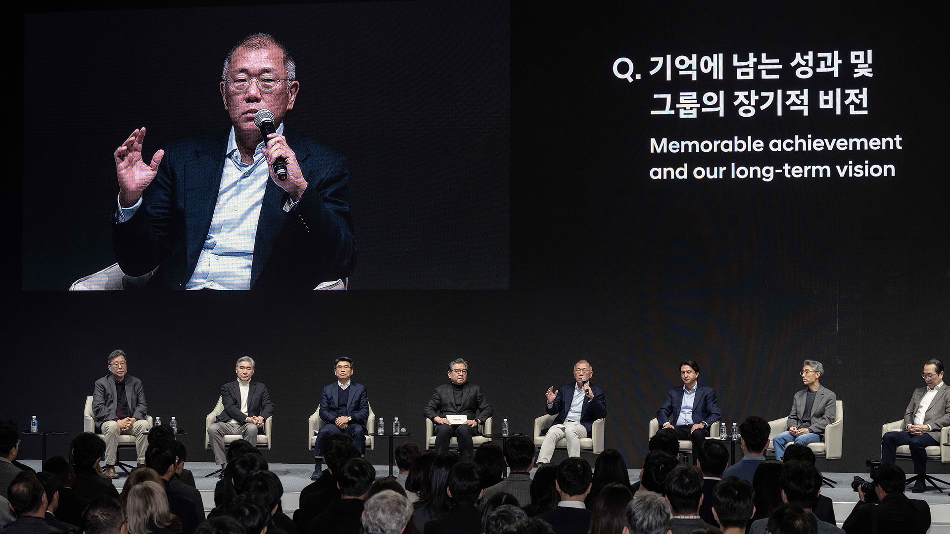 현대자동차그룹 2025년 신년회에서는 정의선 회장과 그룹 경영진들이 올해 경영환경과 그룹의 방향성에 대해 임직원들에게 직접 설명하는 'HMG 라운드 테이블'이 열렸다. HMG 라운드 테이블에서 질문에 답하고 있는 정의선 회장