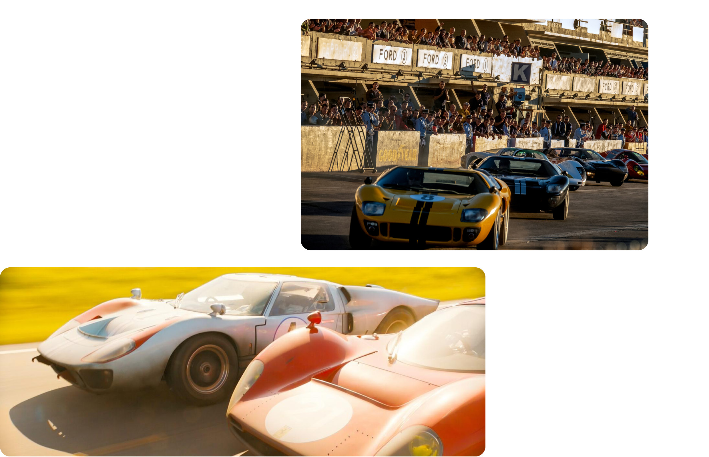 Scenes from the movie about Ford and Ferrari's real battle