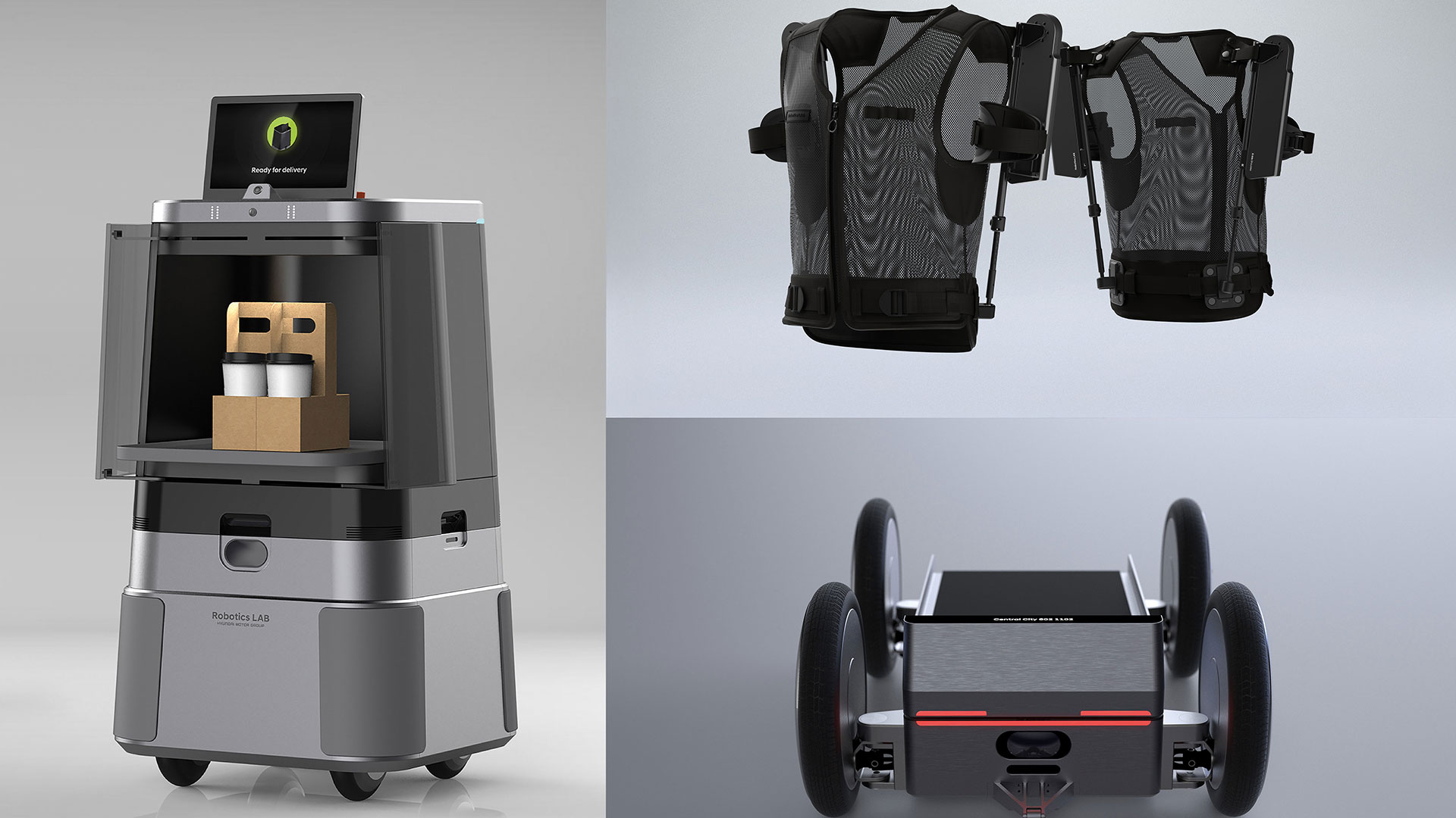 2024 굿디자인 어워드 로보틱스 부문 수상작 (좌측부터 시계방향으로 달이 딜리버리, 엑스블 숄더, 모베드 딜리버리)