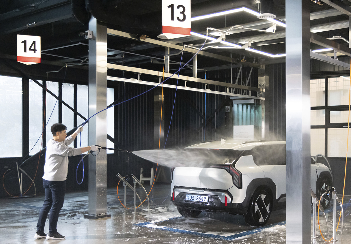spraying high-pressure water on the car