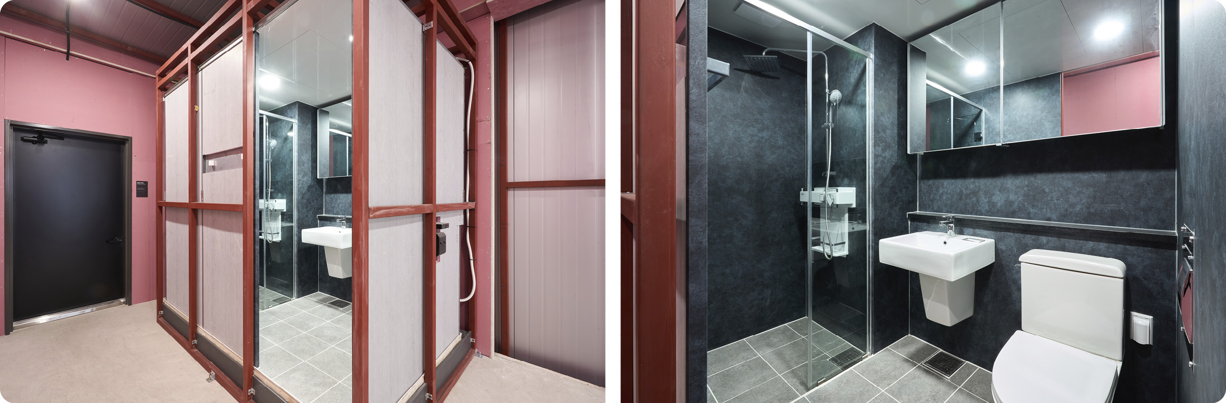 현대엔지니어링과 현대제철이 함께 세운 H-모듈러 랩에 적용된 배스룸 POD의 모습