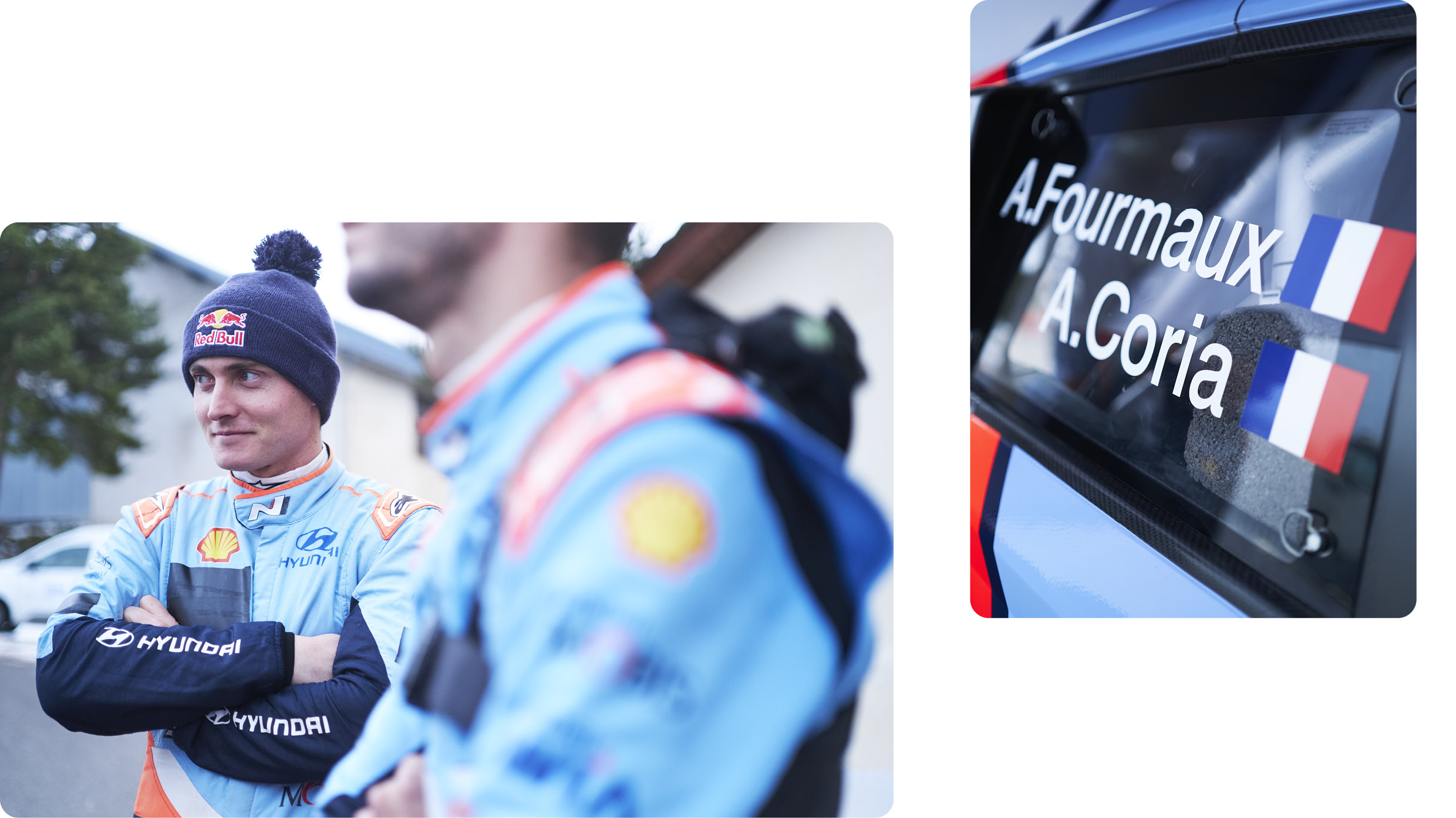 현대 팀 드라이버와 그의 이름이 적힌 경주차의 모습