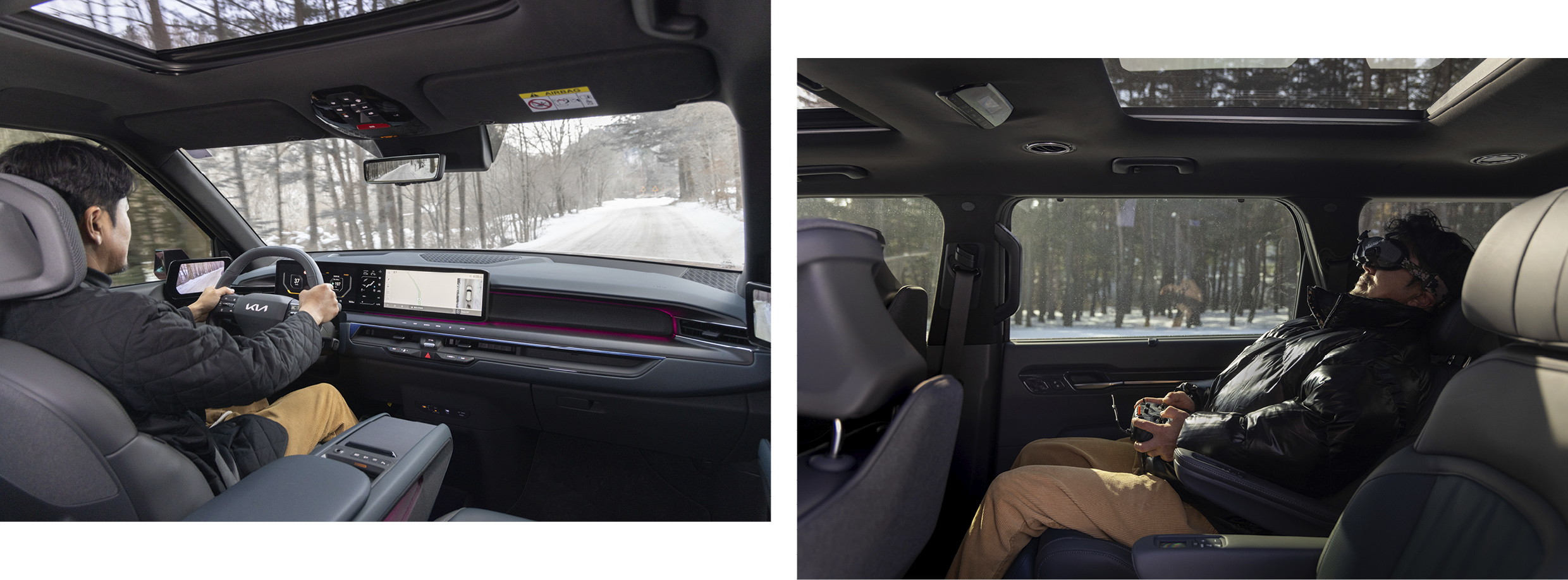 기아 EV9의 실내에 운전자가 있는 모습