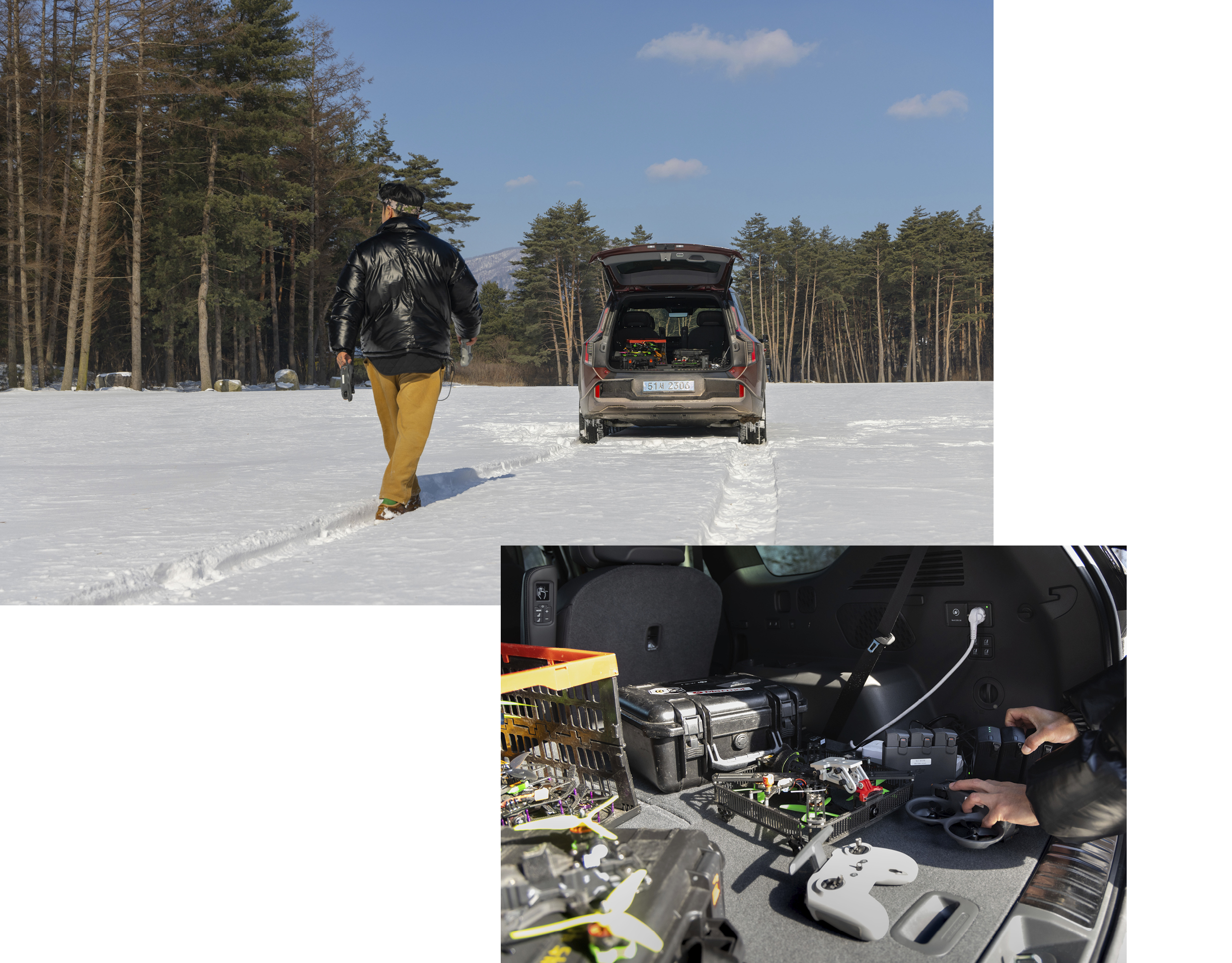 Kia EV9 and drone cinematographer stand on the snow