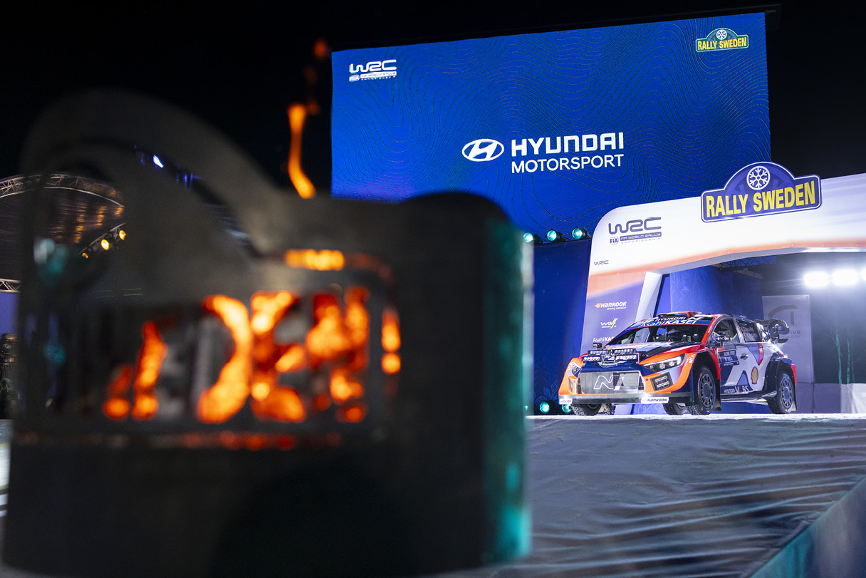 Hyundai rally car on rally sweden stage