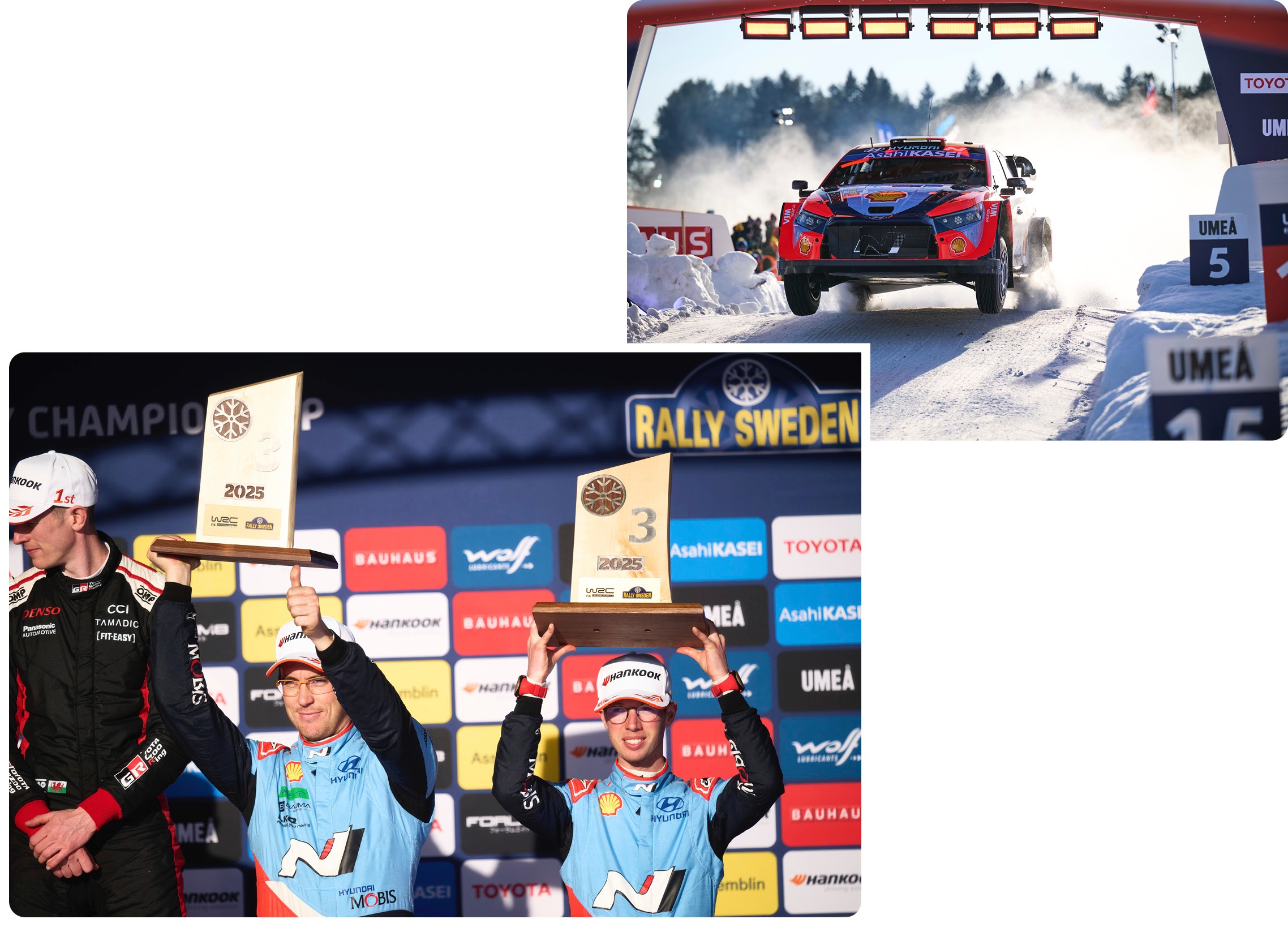 Neuville is on the podium and holding up the trophy