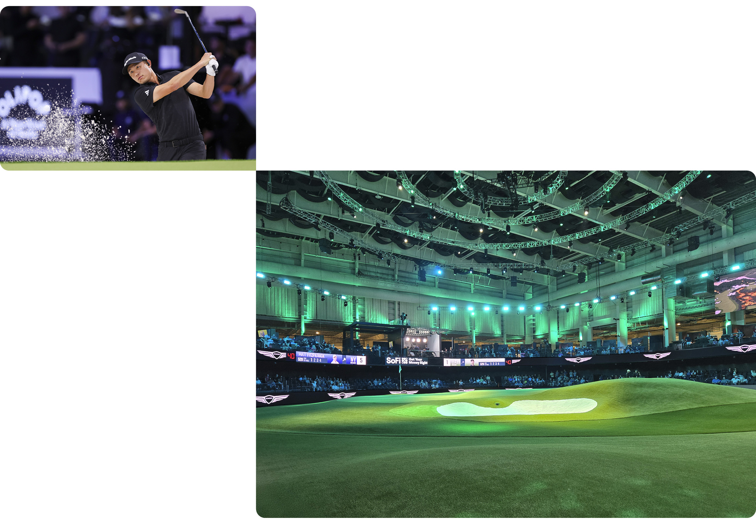 그린 존에서 공을 치는 선수와 그린 존의 전체 모습을 보여주는 사진