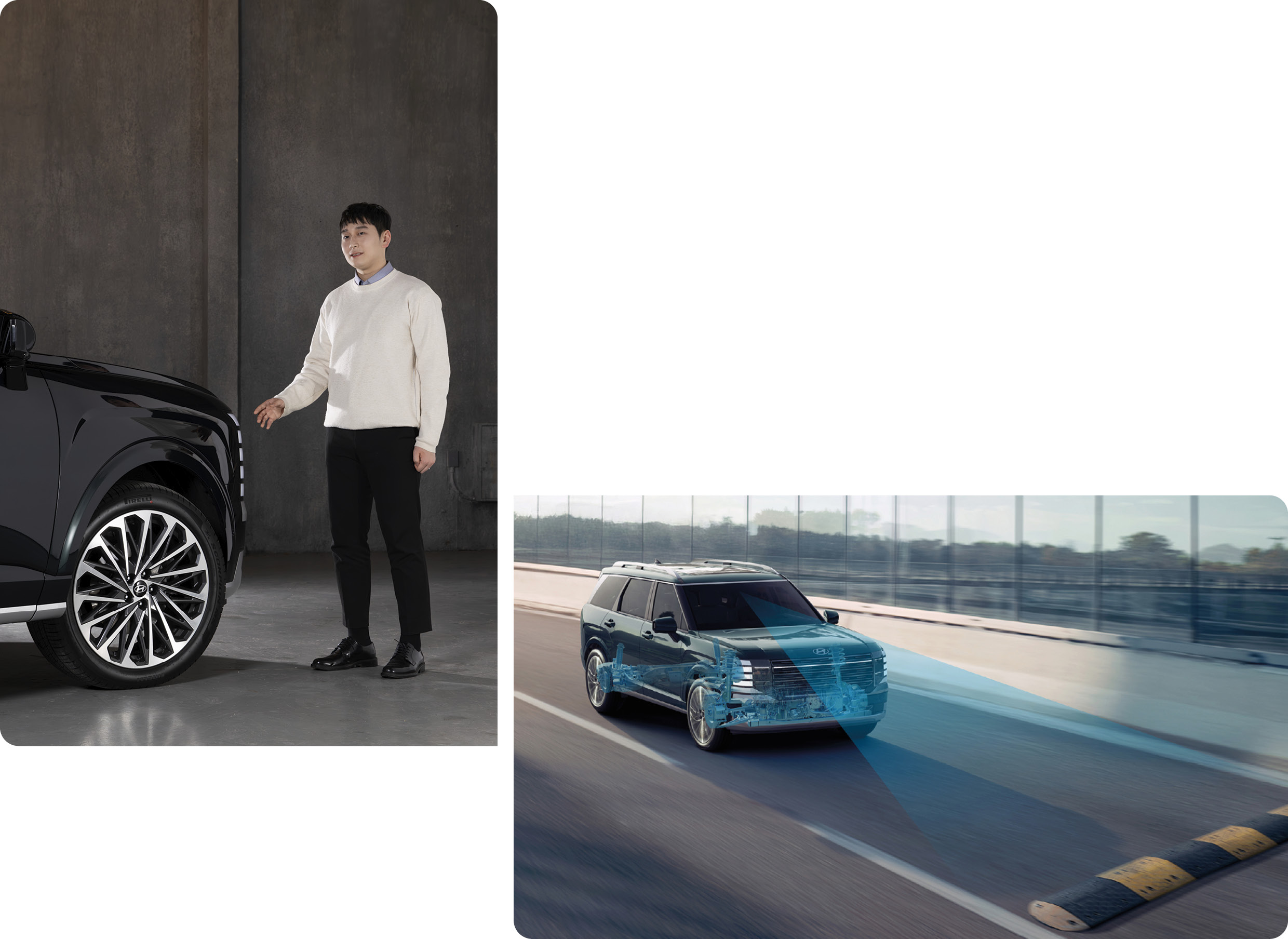 팰리세이드의 주행 성능에 대해 이야기하는 연구원의 모습