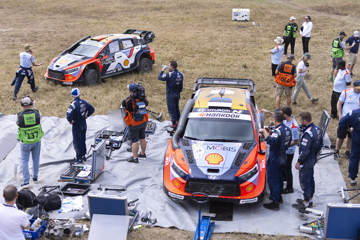 a rally car under maintenance
