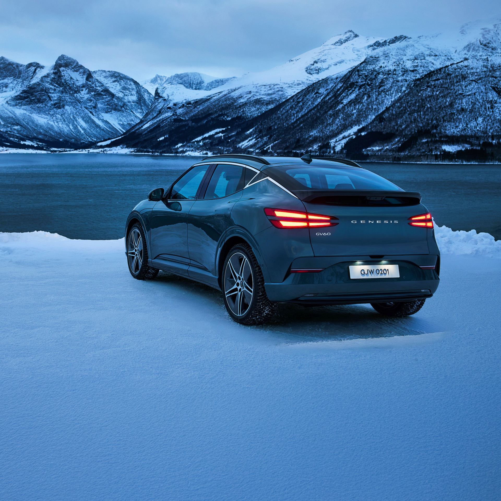 GV60가 노르웨이 자연 배경으로 정차한 모습