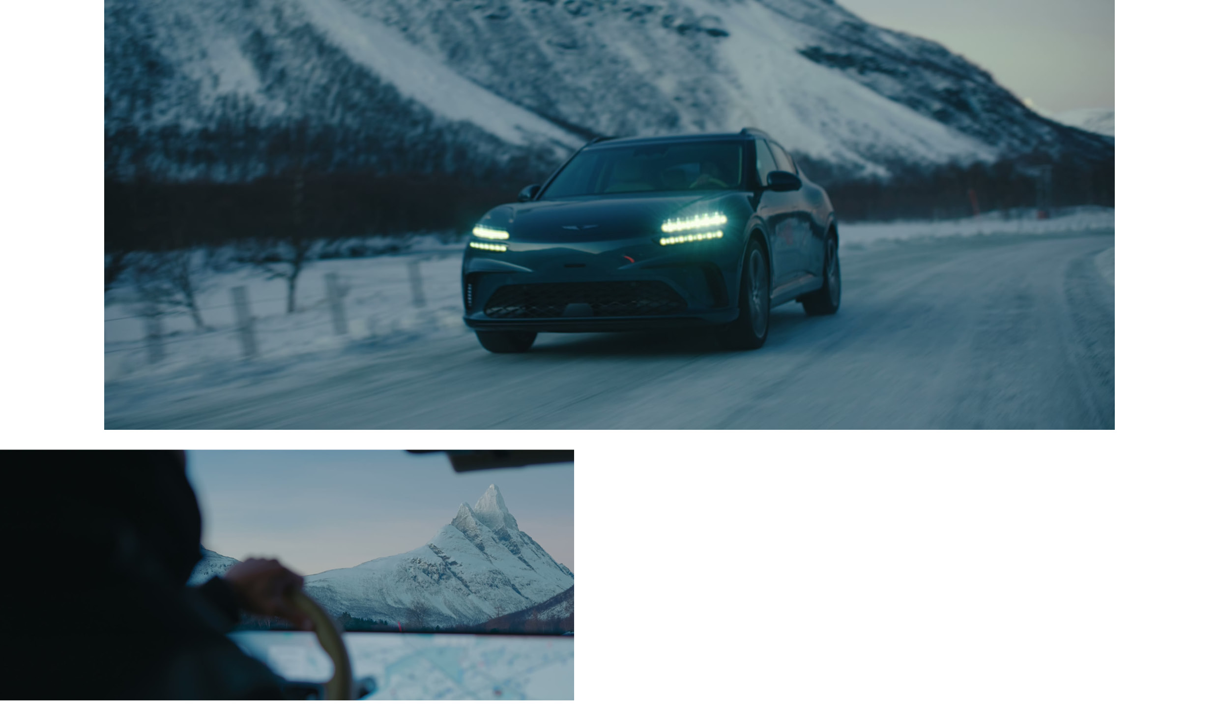 GV60가 노르웨이 자연 배경으로 주행하는 모습