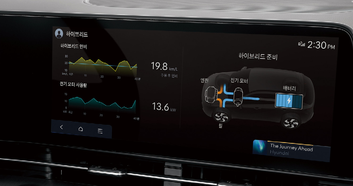 하이브리드 관련 정보를 보여주는 인포테인먼트 화면