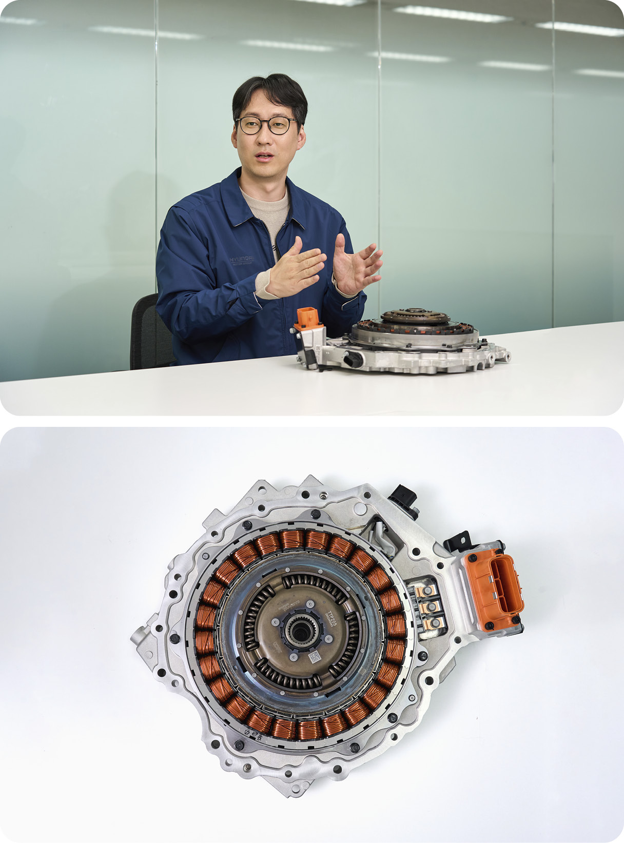 연구원이 P1 모터에 대해 설명하고 있다